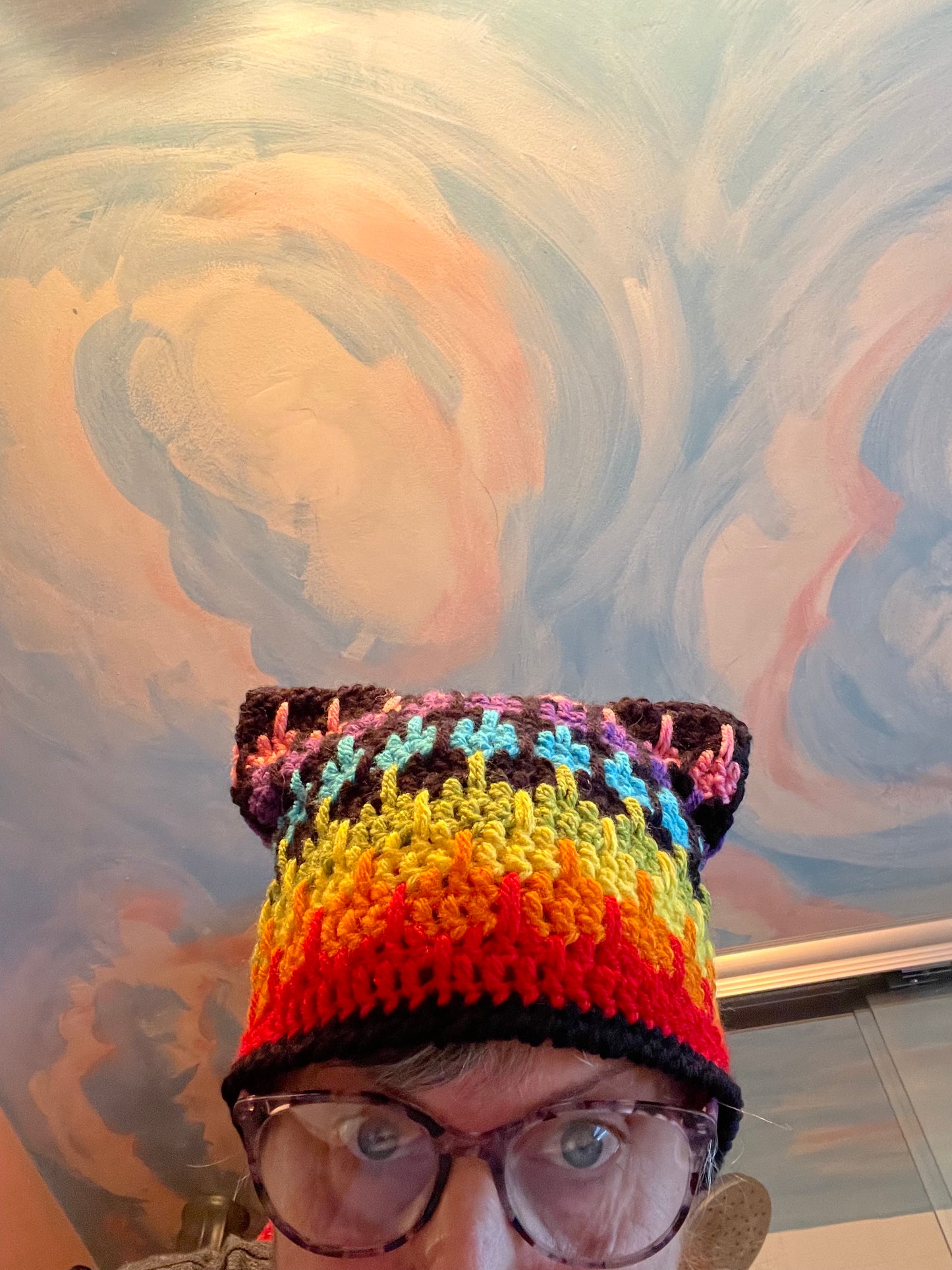 hand crocheted Cranky Kitty Beanie 🌈 hat toque 
 , made to order