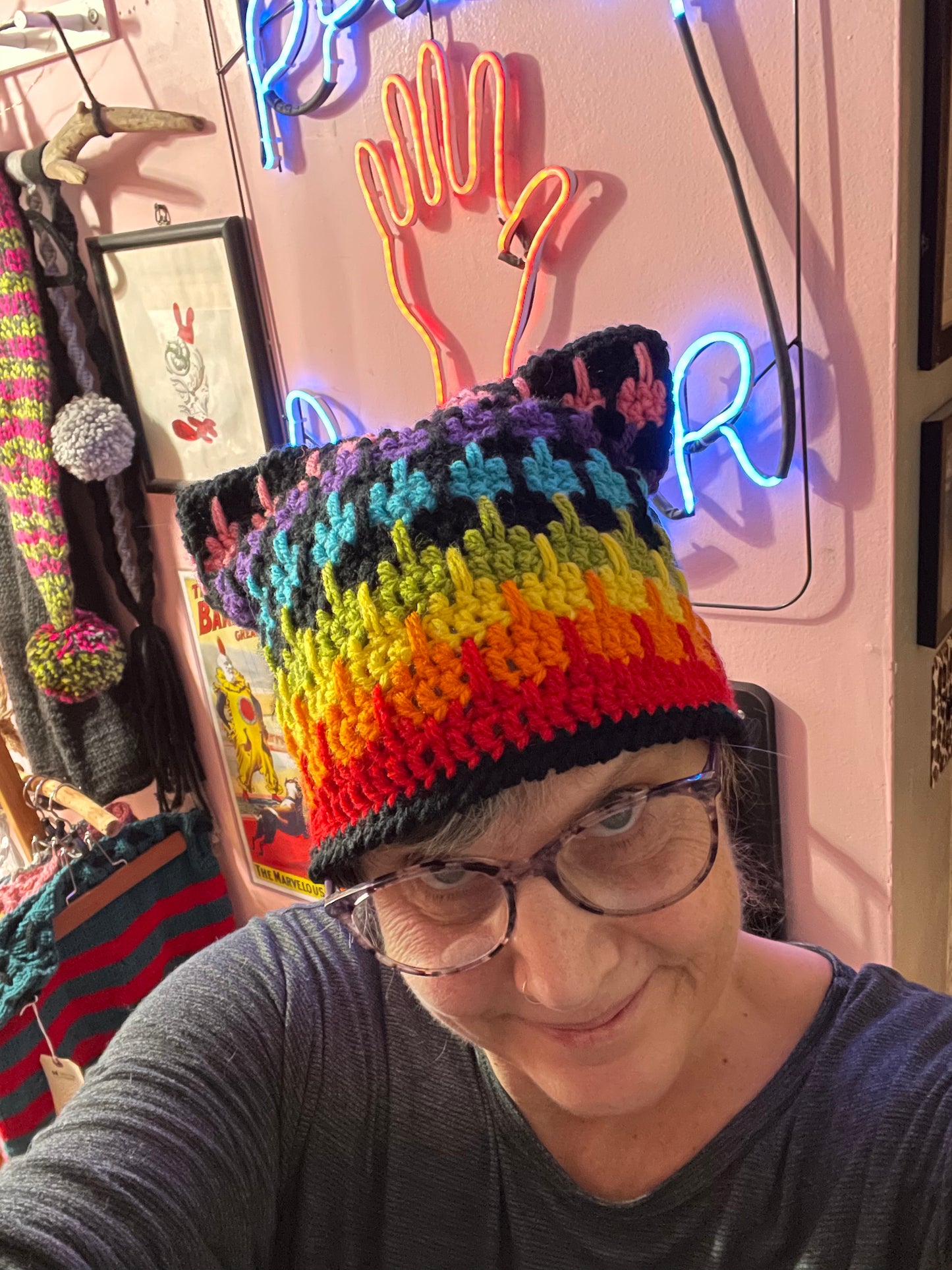 hand crocheted Cranky Kitty Beanie 🌈 hat toque 
 , made to order