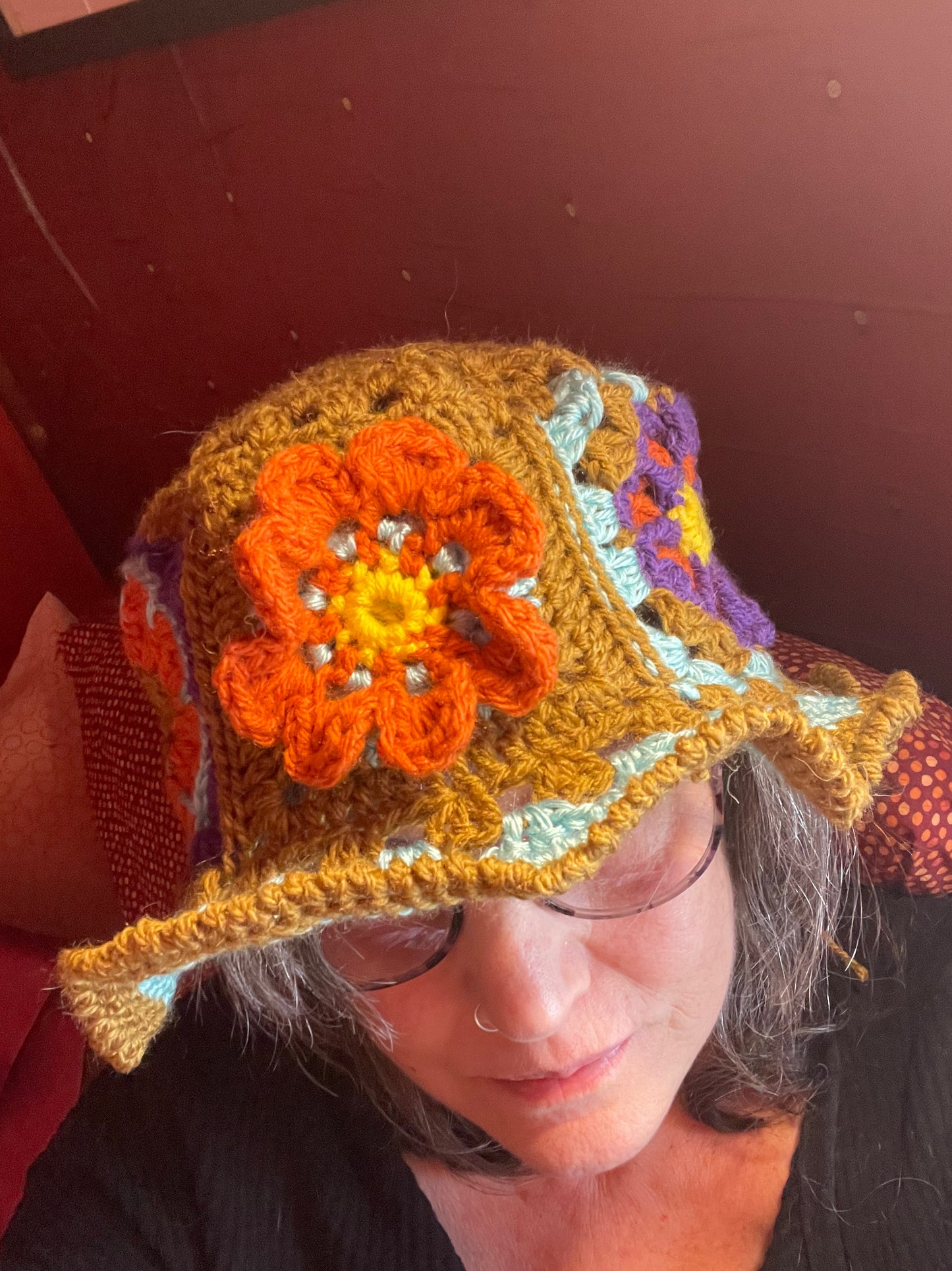 Handmade Crochet Bucket Hat with Granny Square Floral Design earthy