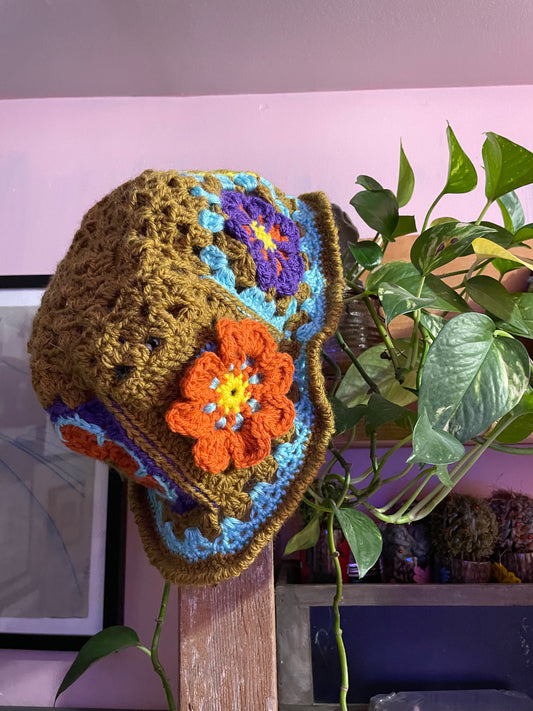 Handmade Crochet Bucket Hat with Granny Square Floral Design earthy