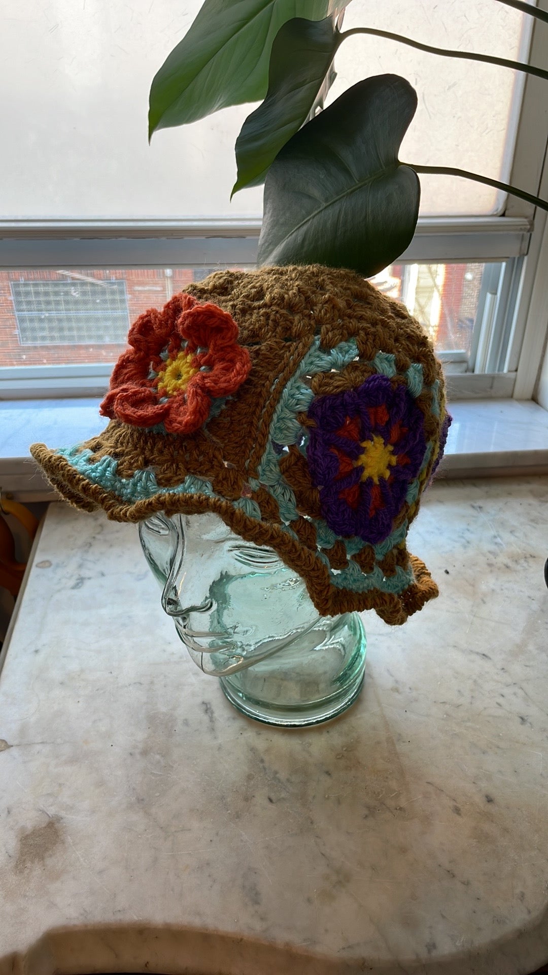 Handmade Crochet Bucket Hat with Granny Square Floral Design earthy