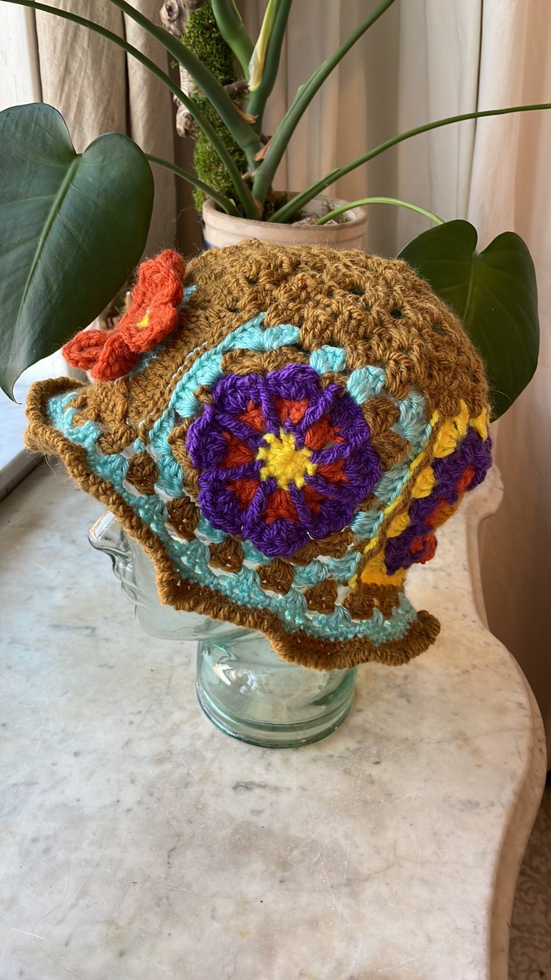 Handmade Crochet Bucket Hat with Granny Square Floral Design earthy