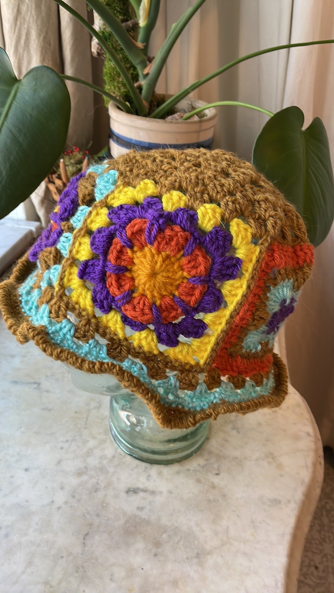 Handmade Crochet Bucket Hat with Granny Square Floral Design earthy