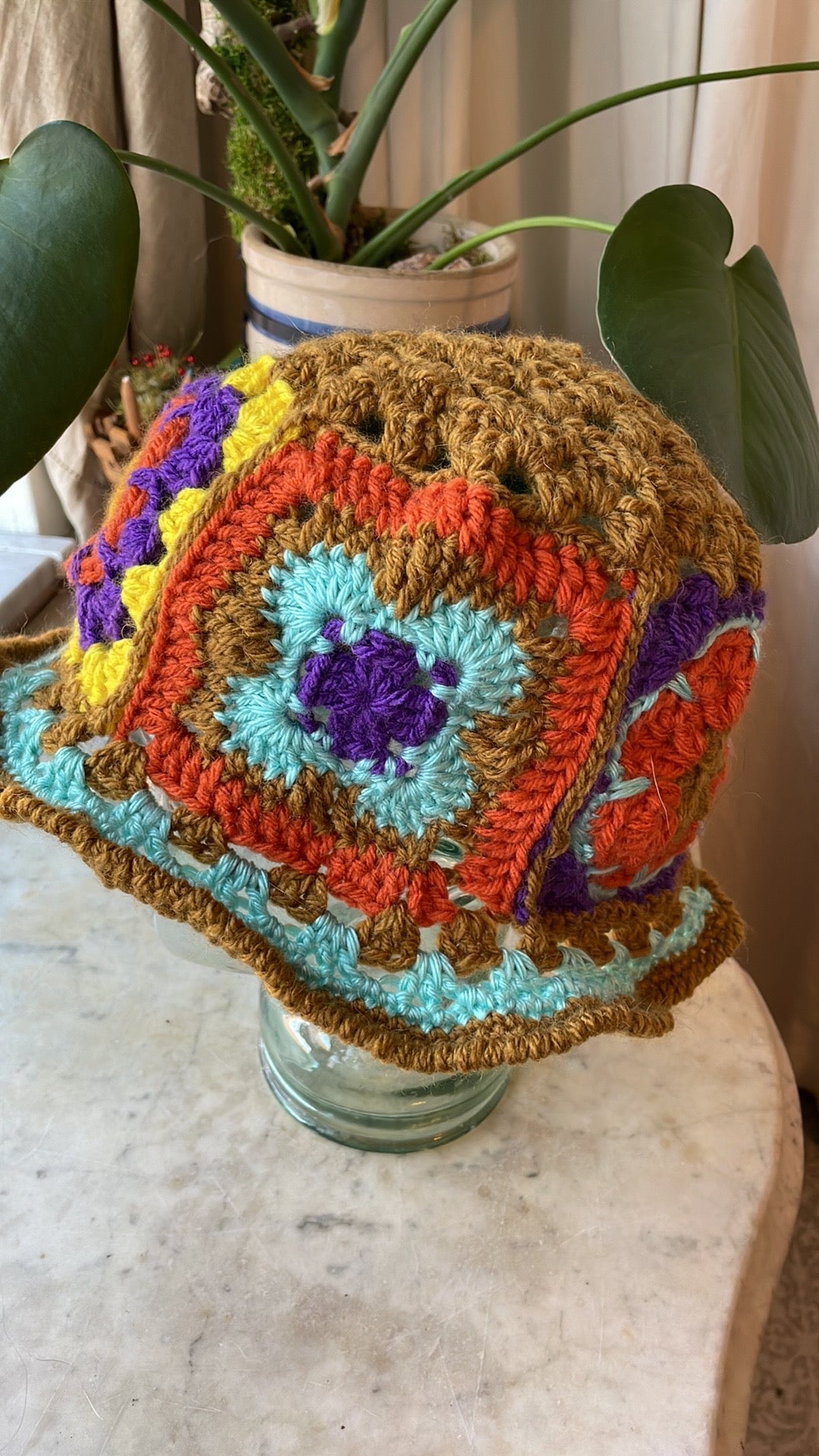 Handmade Crochet Bucket Hat with Granny Square Floral Design earthy