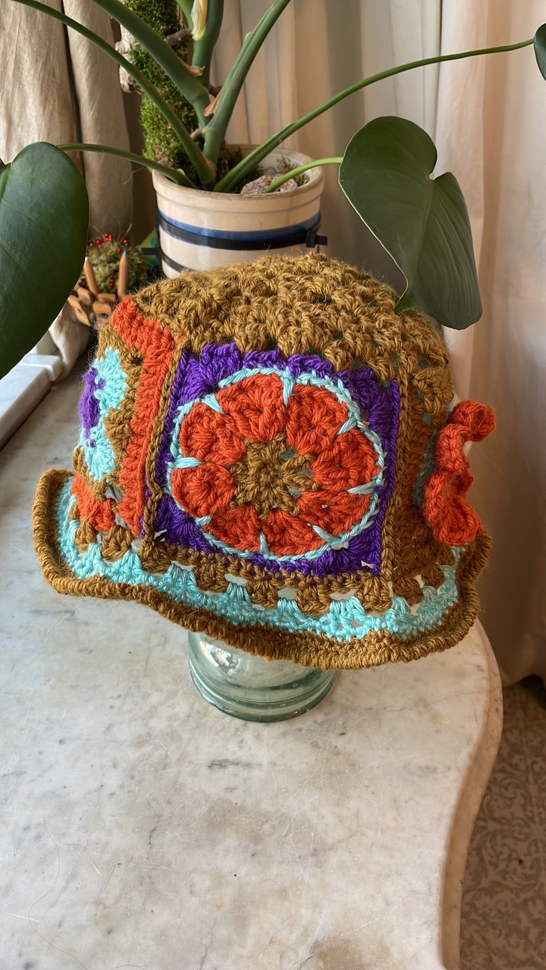 Handmade Crochet Bucket Hat with Granny Square Floral Design earthy