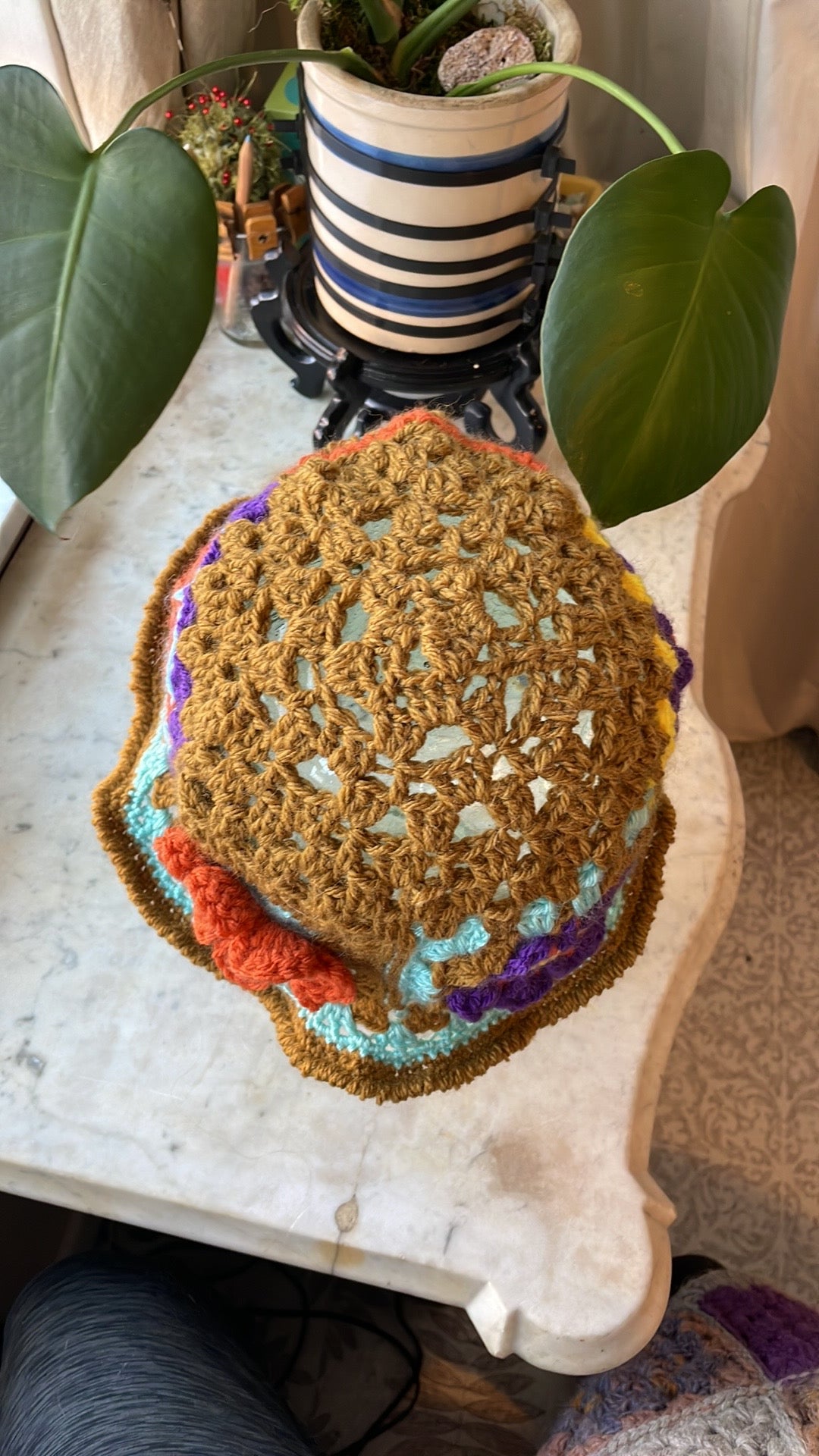 Handmade Crochet Bucket Hat with Granny Square Floral Design earthy