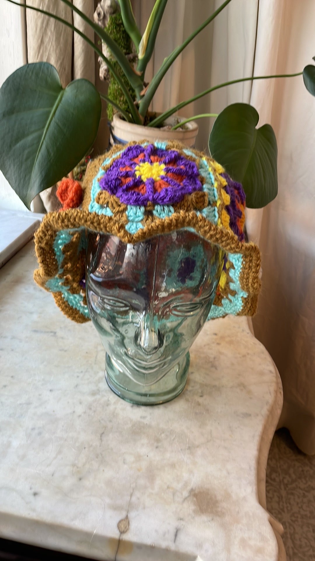 Handmade Crochet Bucket Hat with Granny Square Floral Design earthy