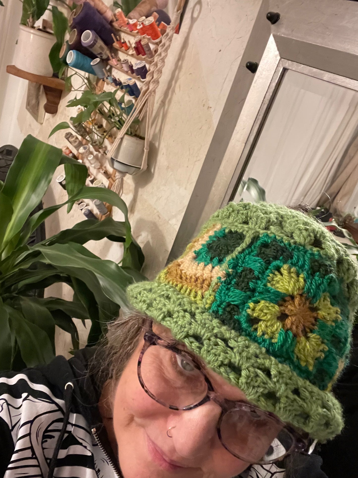 Green Spring Handmade Crochet Bucket Hat with Granny Square Floral Design