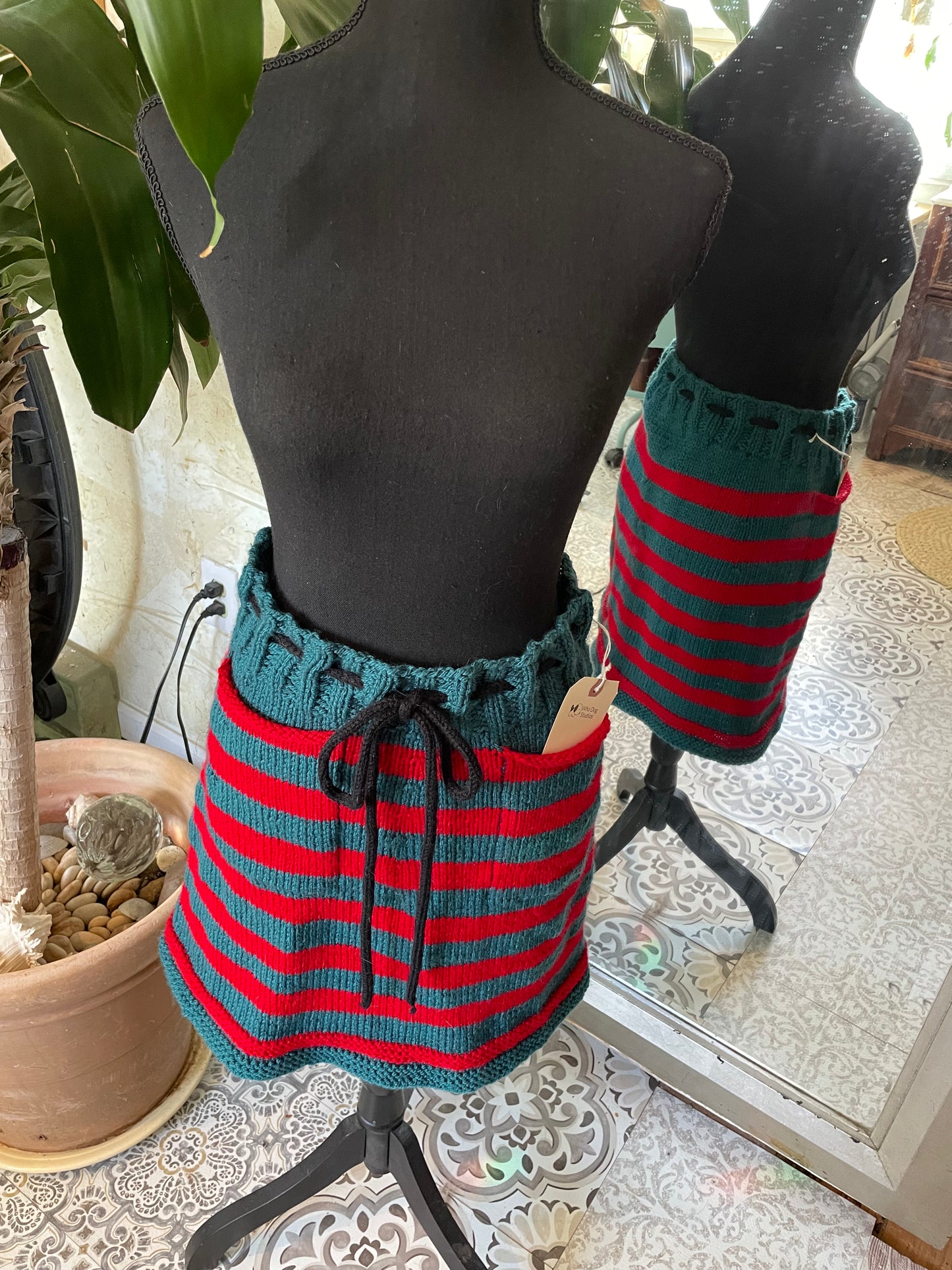 Hand Knitted Teal and Poppy Striped Skirt with Black Knitted Drawstring .