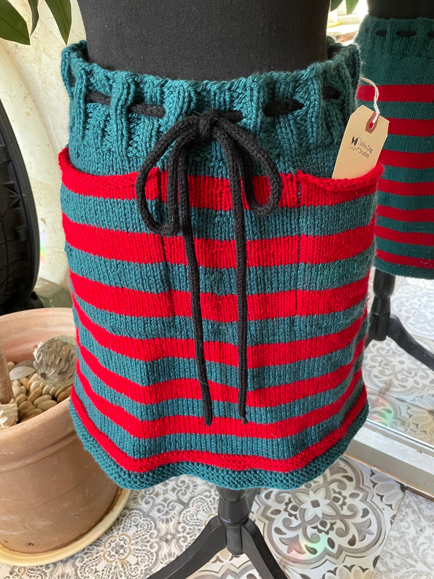 Hand Knitted Teal and Poppy Striped Skirt with Black Knitted Drawstring .