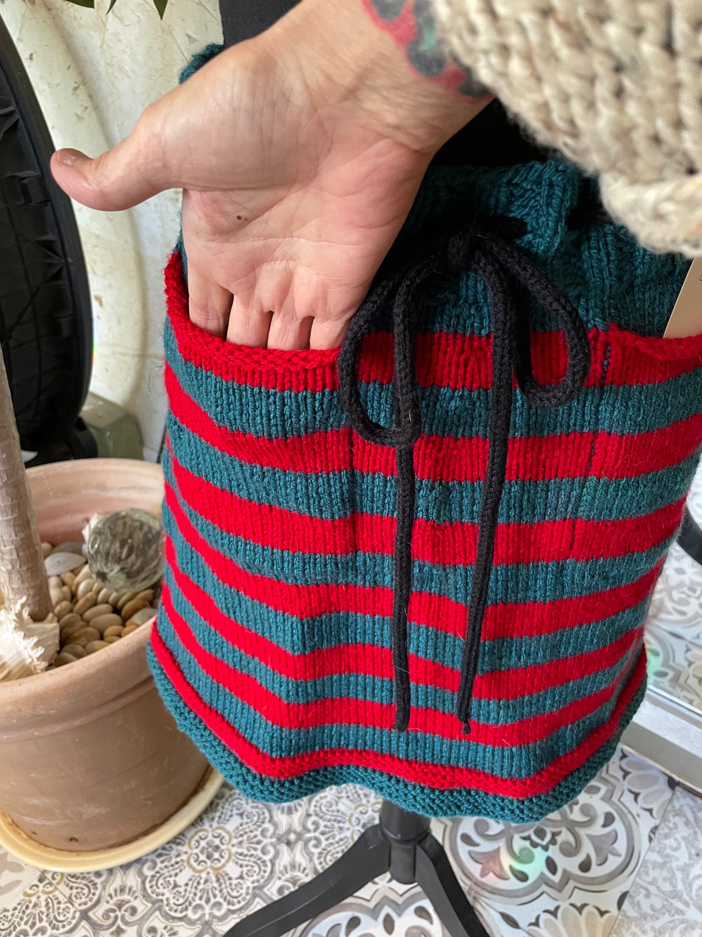 Hand Knitted Teal and Poppy Striped Skirt with Black Knitted Drawstring .