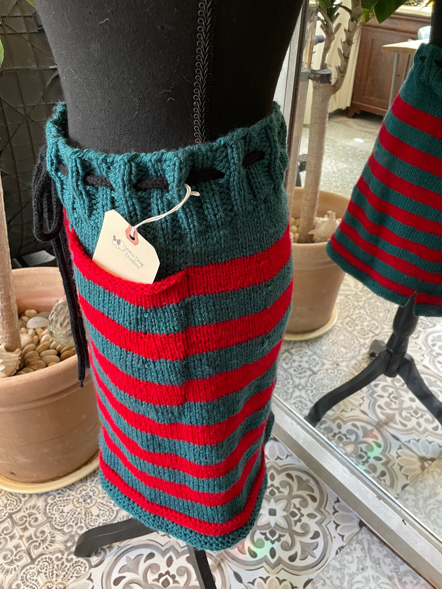 Hand Knitted Teal and Poppy Striped Skirt with Black Knitted Drawstring .