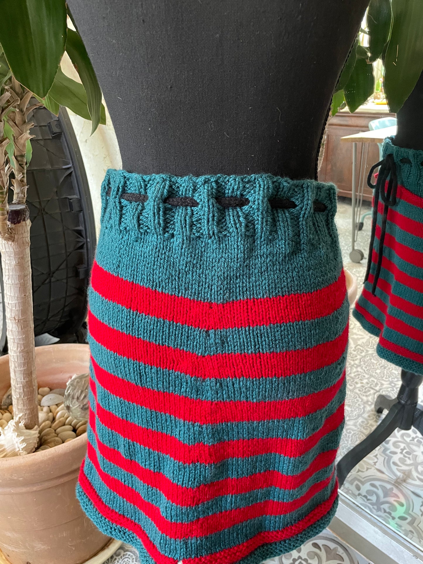 Hand Knitted Teal and Poppy Striped Skirt with Black Knitted Drawstring .