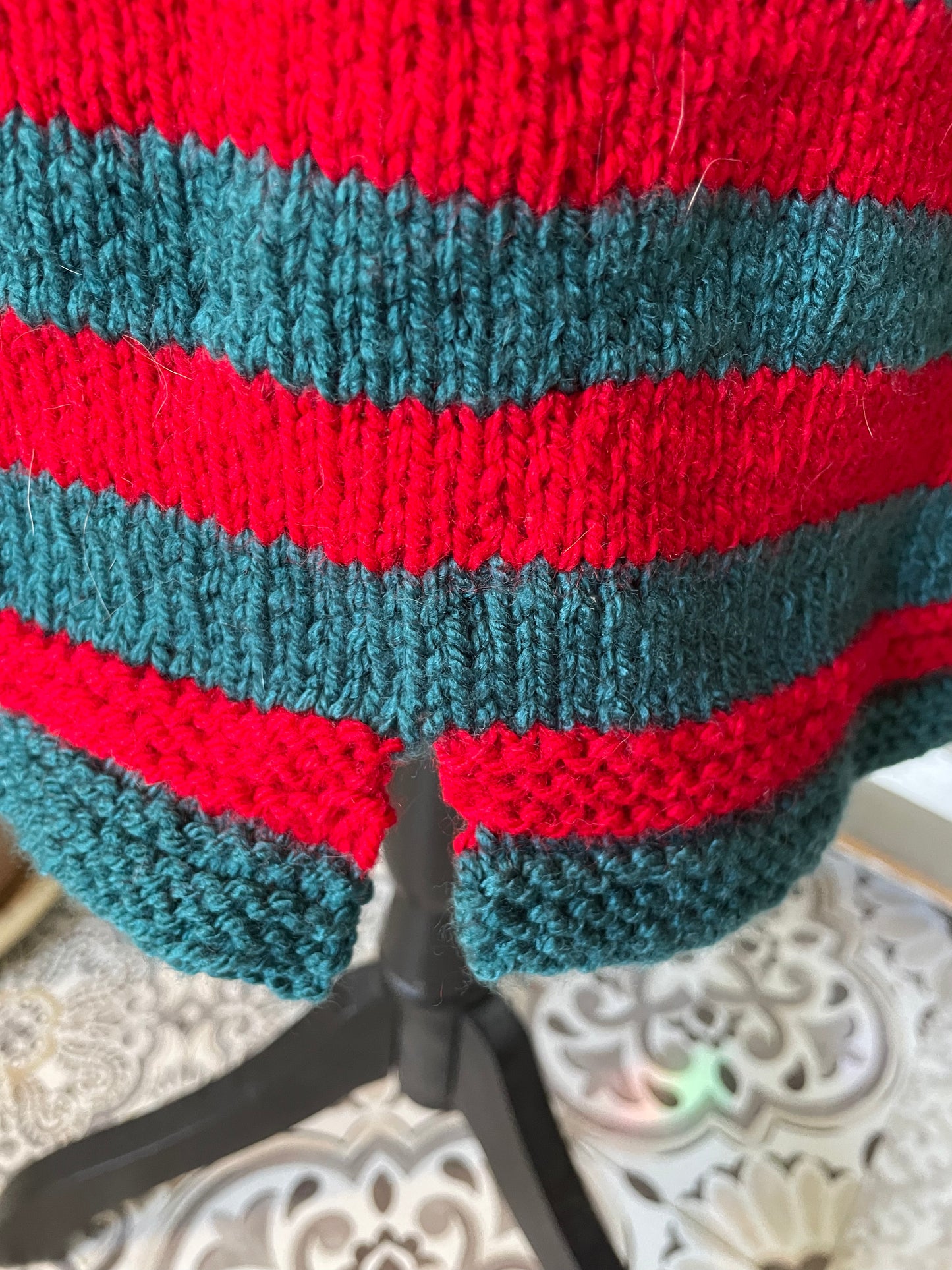 Hand Knitted Teal and Poppy Striped Skirt with Black Knitted Drawstring .