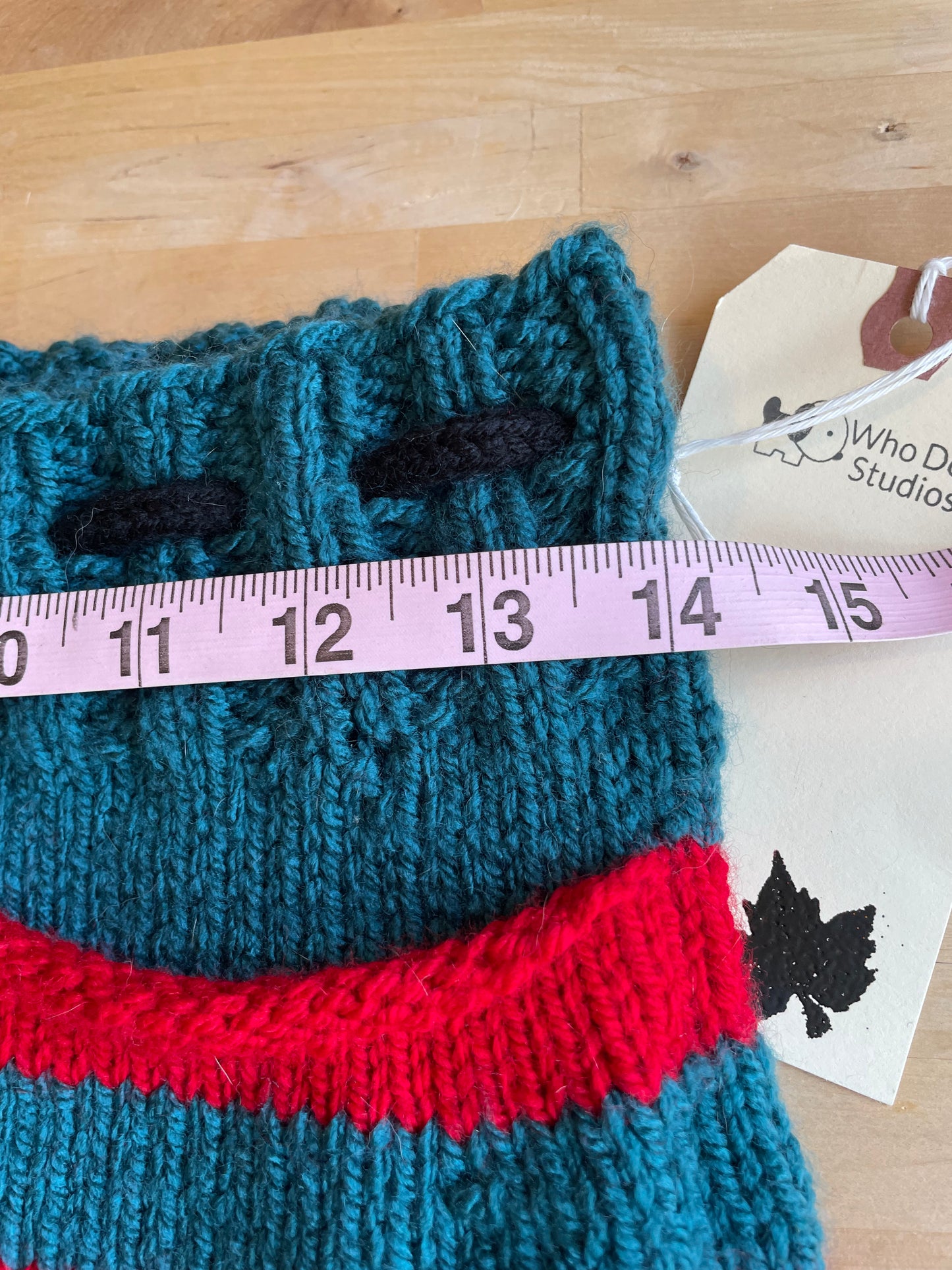 Hand Knitted Teal and Poppy Striped Skirt with Black Knitted Drawstring .