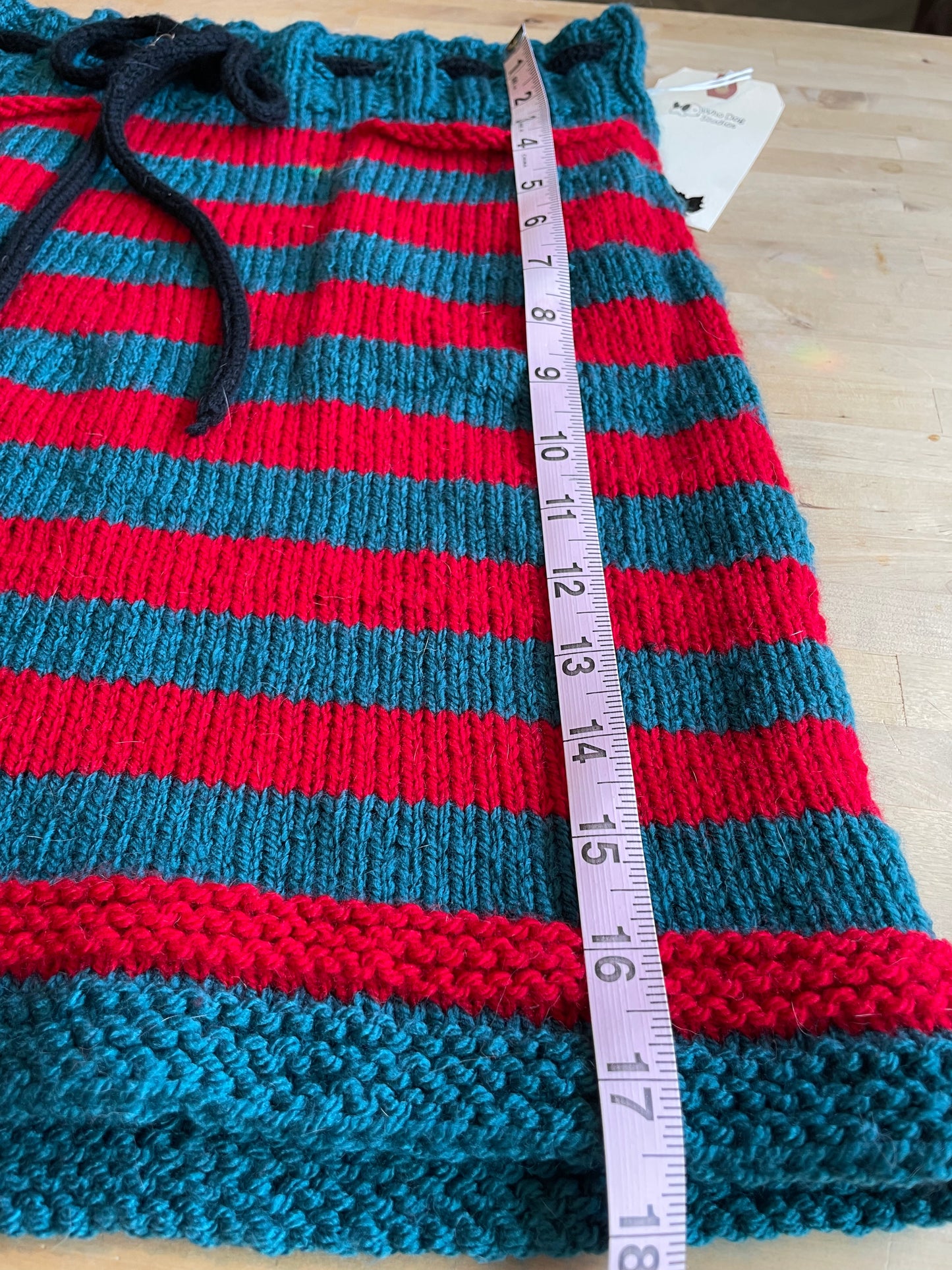 Hand Knitted Teal and Poppy Striped Skirt with Black Knitted Drawstring .