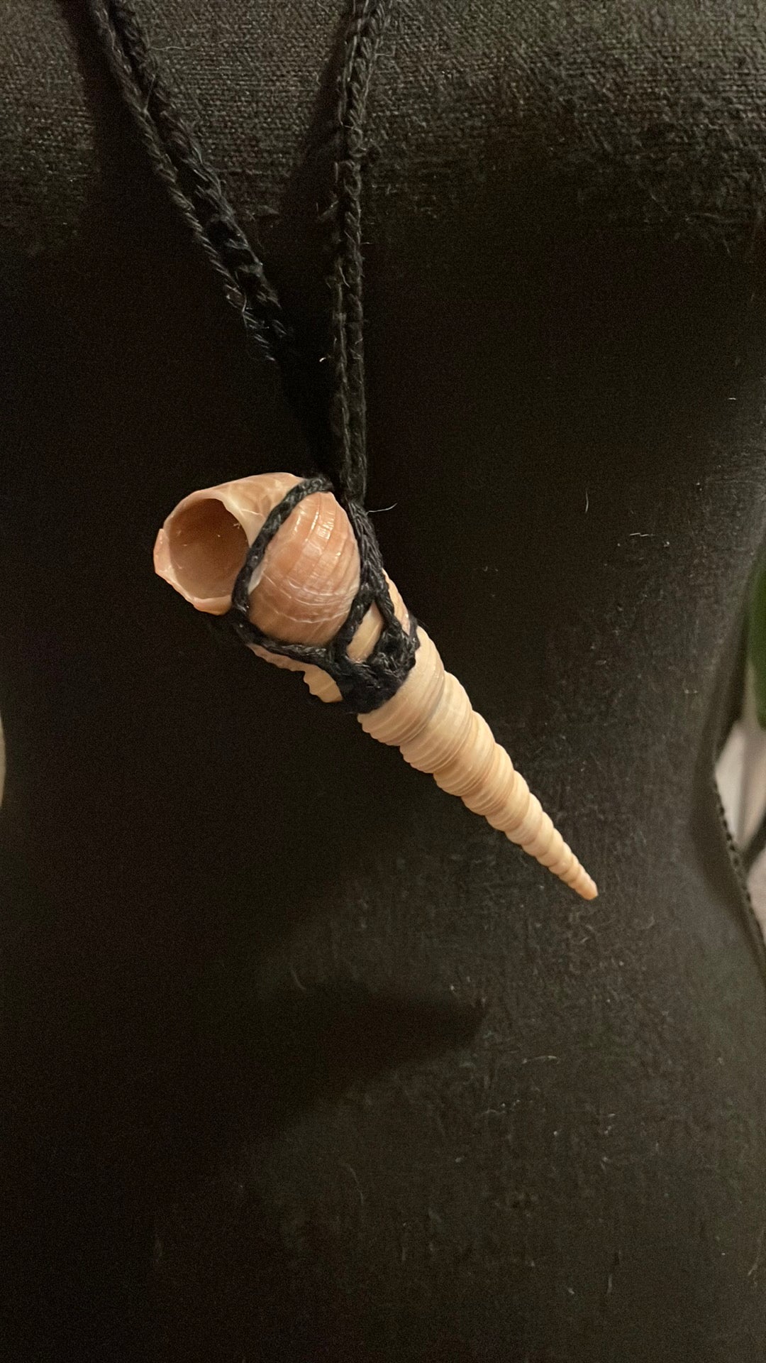 Hand-Crocheted Black Cotton Wrapped Shell Necklace – Natural Boho Jewelry