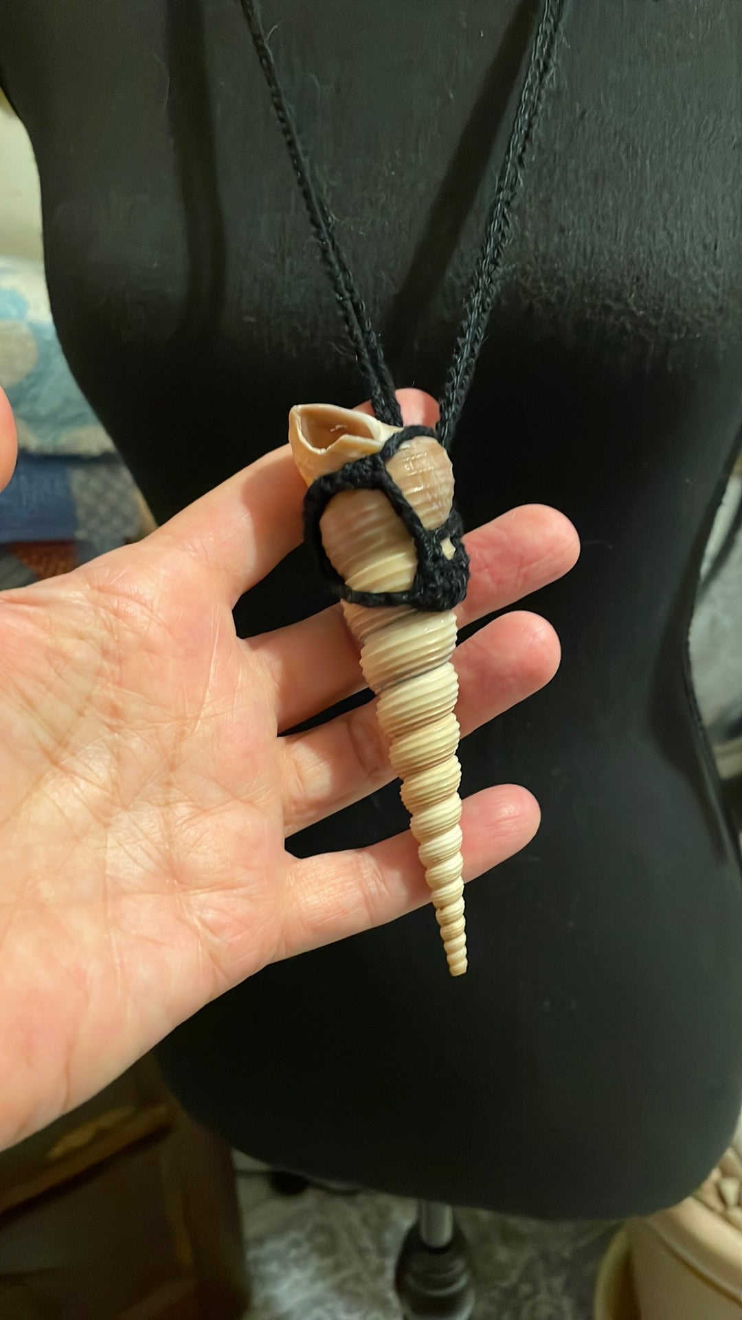 Hand-Crocheted Black Cotton Wrapped Shell Necklace – Natural Boho Jewelry