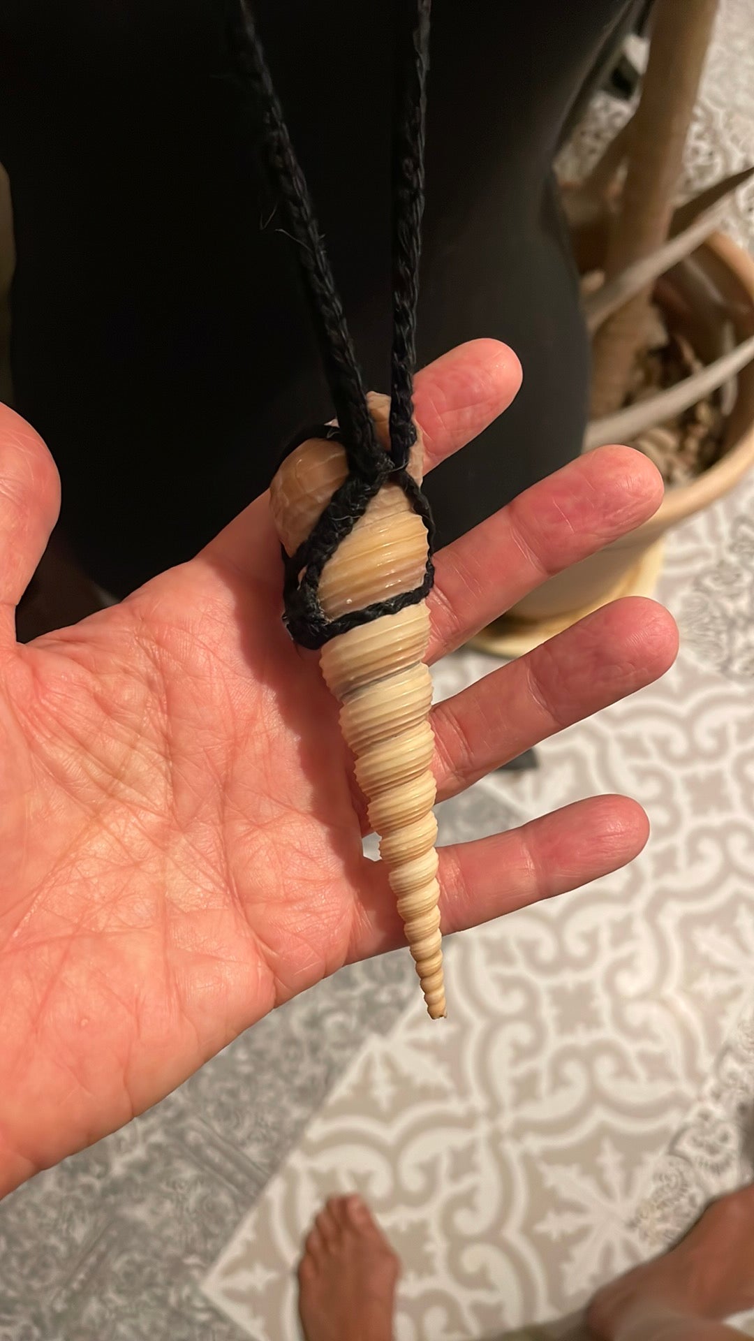 Hand-Crocheted Black Cotton Wrapped Shell Necklace – Natural Boho Jewelry