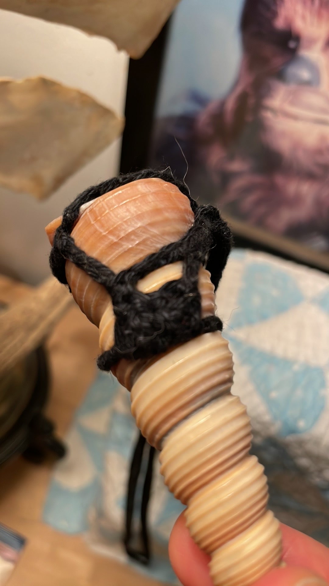 Hand-Crocheted Black Cotton Wrapped Shell Necklace – Natural Boho Jewelry