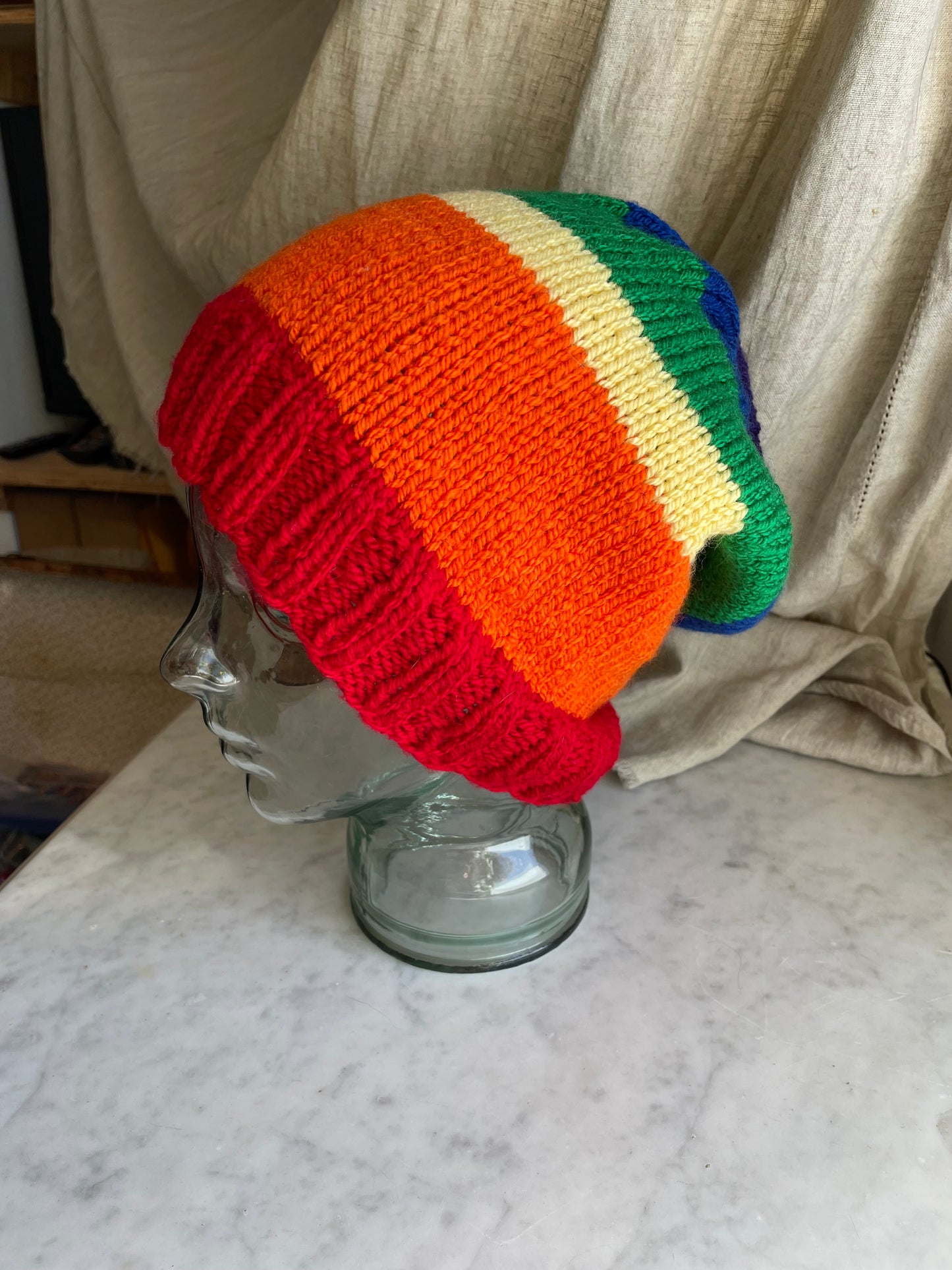 Hand knitted Rainbow 🌈 Light weight XL slouchy Beanie