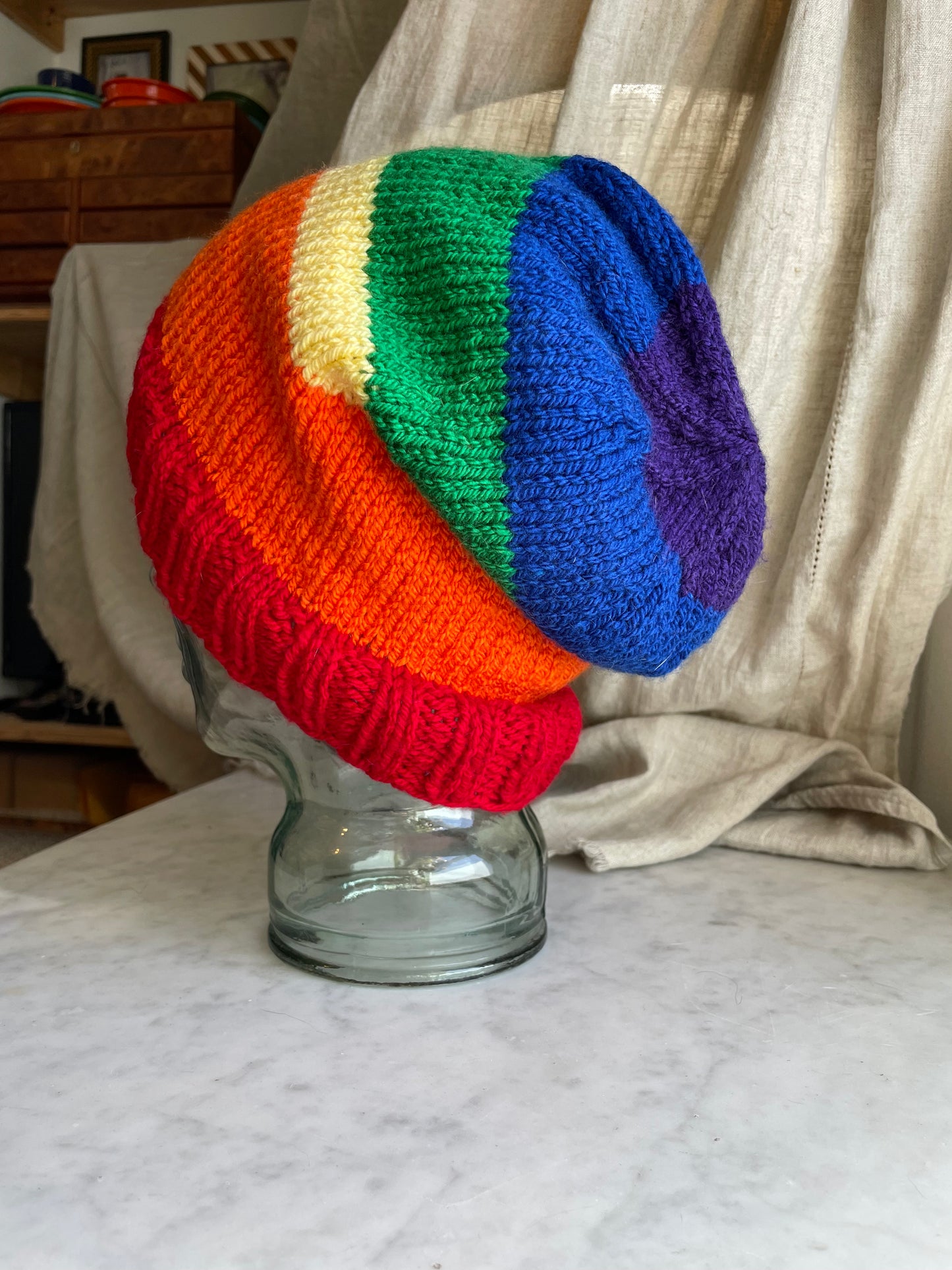 Hand knitted Rainbow 🌈 Light weight XL slouchy Beanie