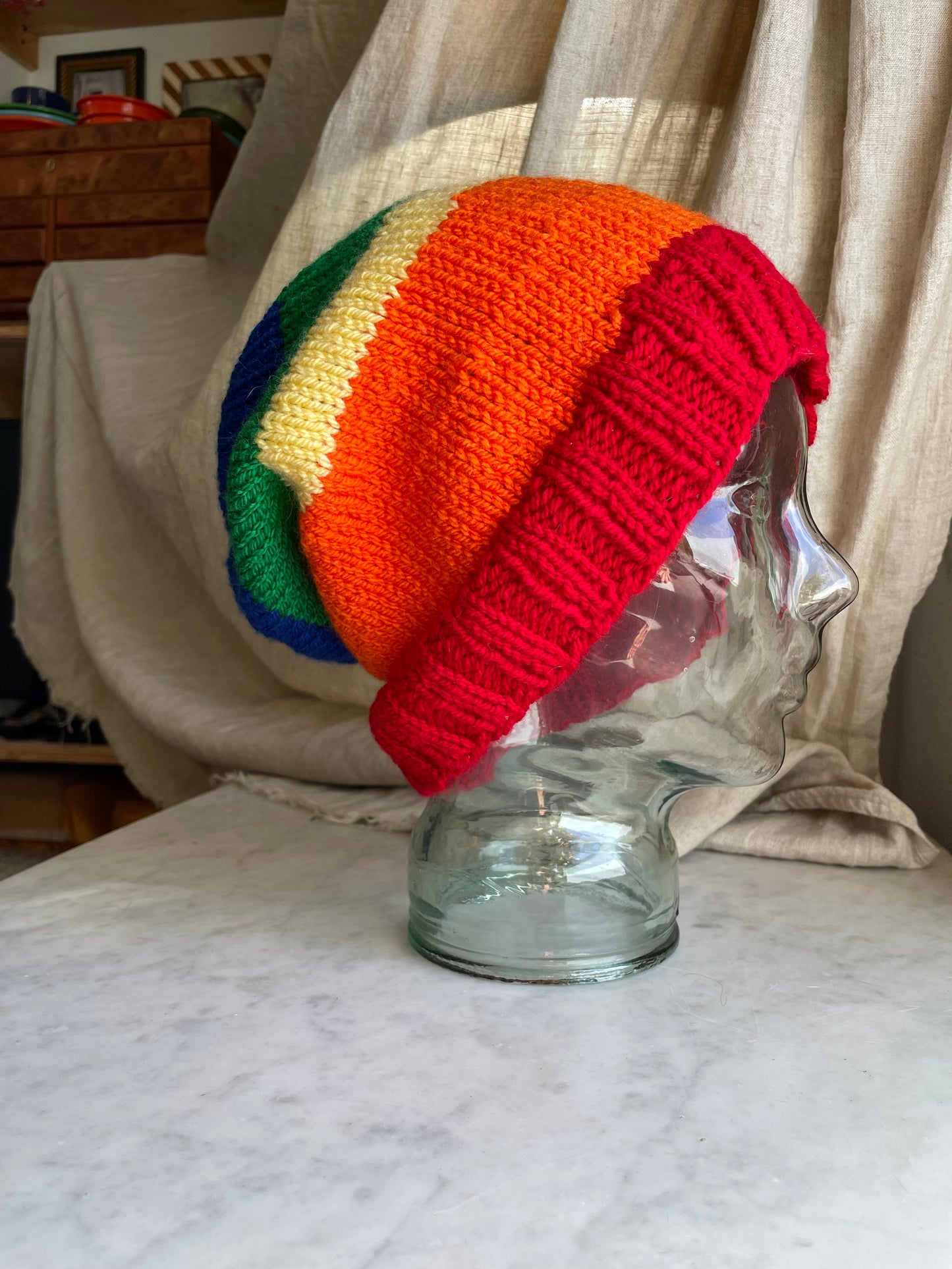 Hand knitted Rainbow 🌈 Light weight XL slouchy Beanie