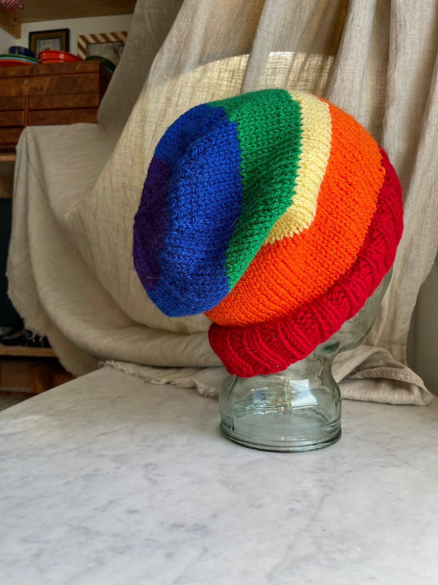 Hand knitted Rainbow 🌈 Light weight XL slouchy Beanie