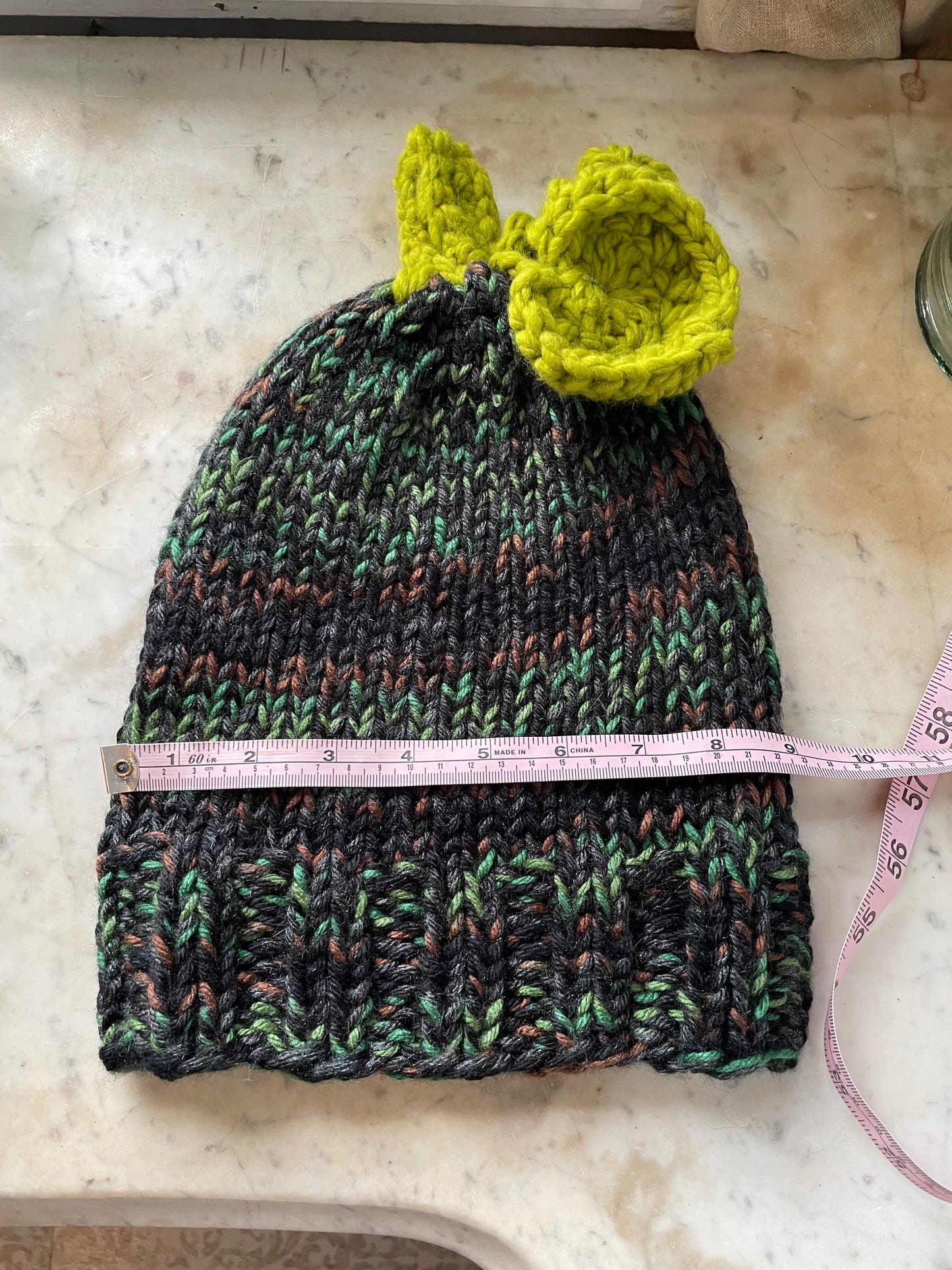 Chunky hand Knit 🎃 camo Beanie with pumpkin Stem & Leaf