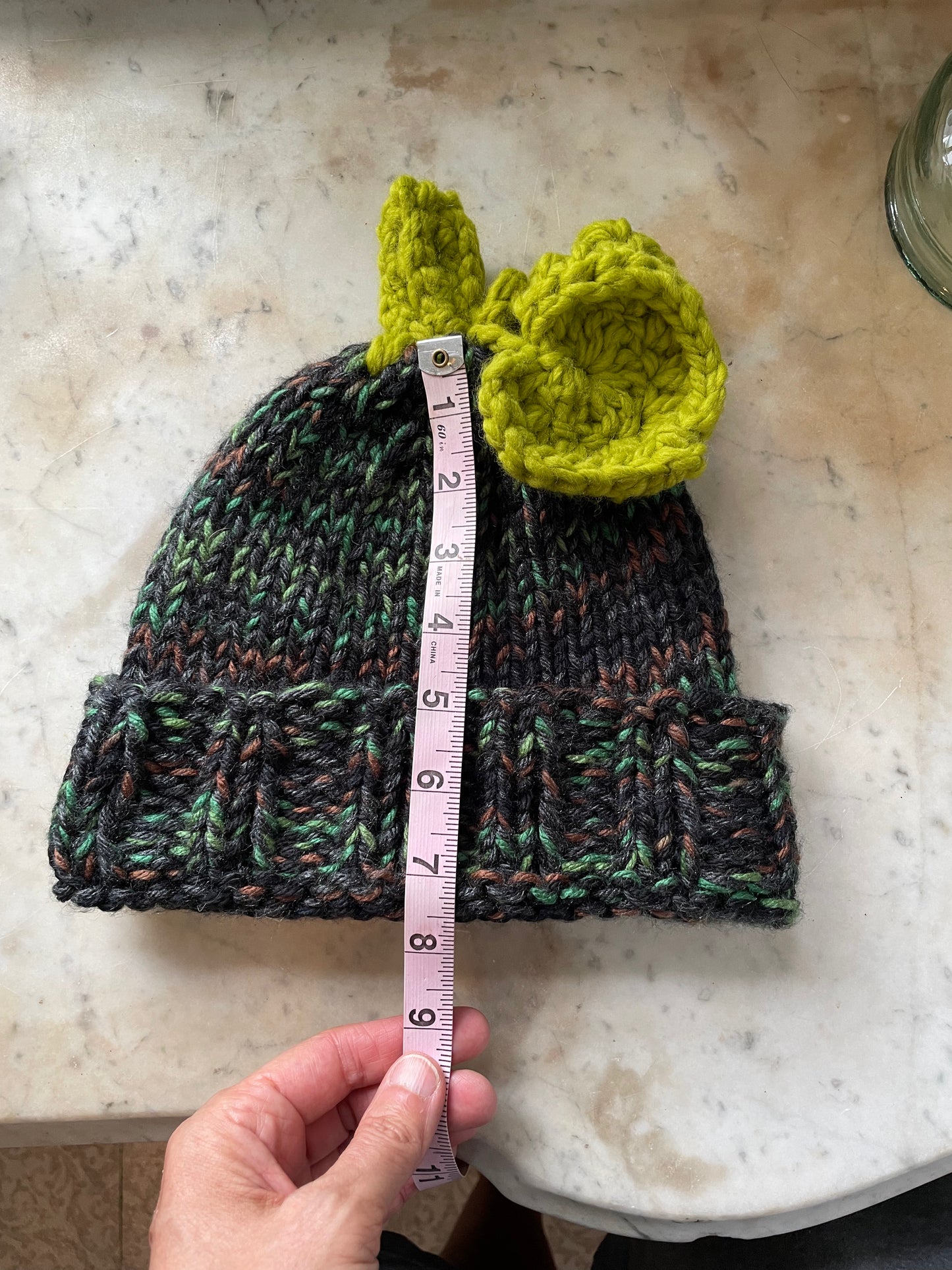 Chunky hand Knit 🎃 camo Beanie with pumpkin Stem & Leaf