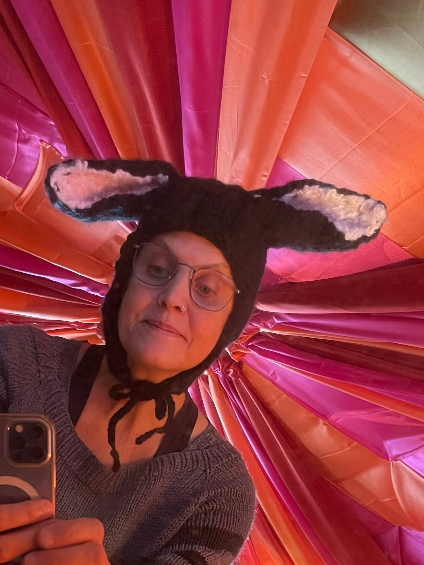 Black Bunny Ear Beanie - Knitted Ear Flap Hat with Adjustable Ties