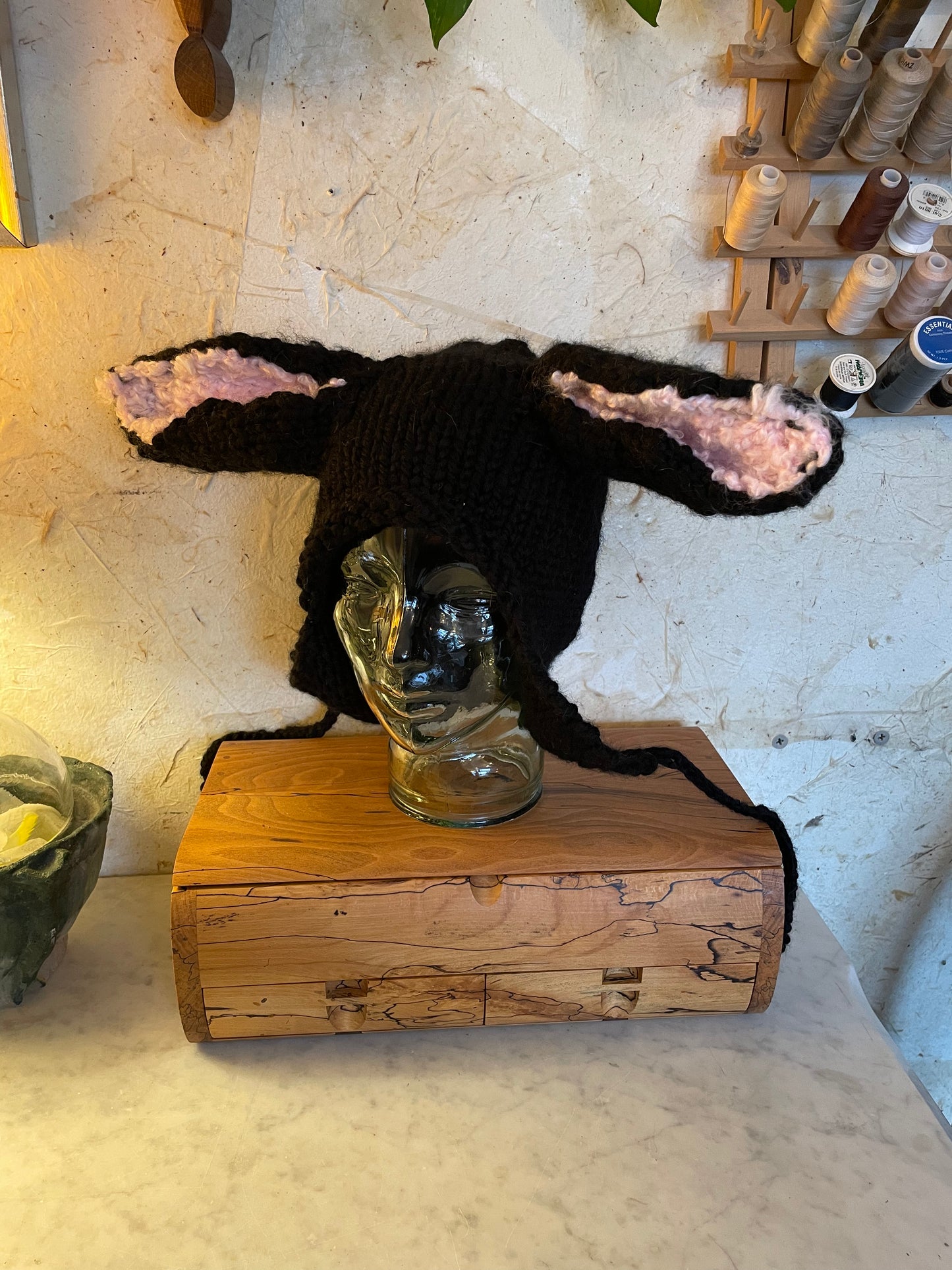 Black Bunny Ear Beanie - Knitted Ear Flap Hat with Adjustable Ties