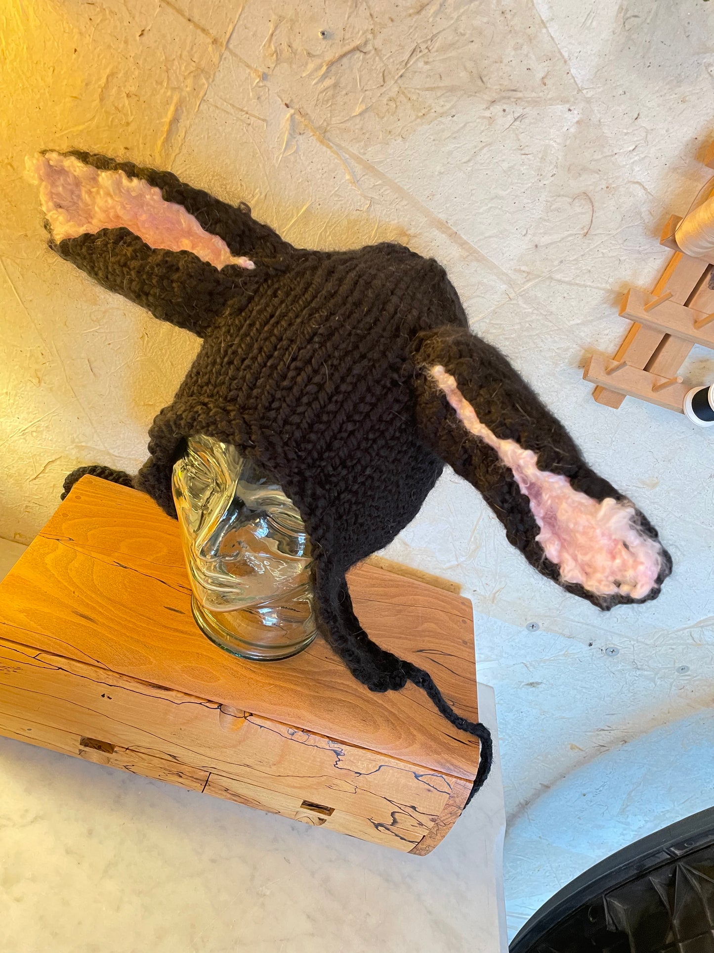 Black Bunny Ear Beanie - Knitted Ear Flap Hat with Adjustable Ties