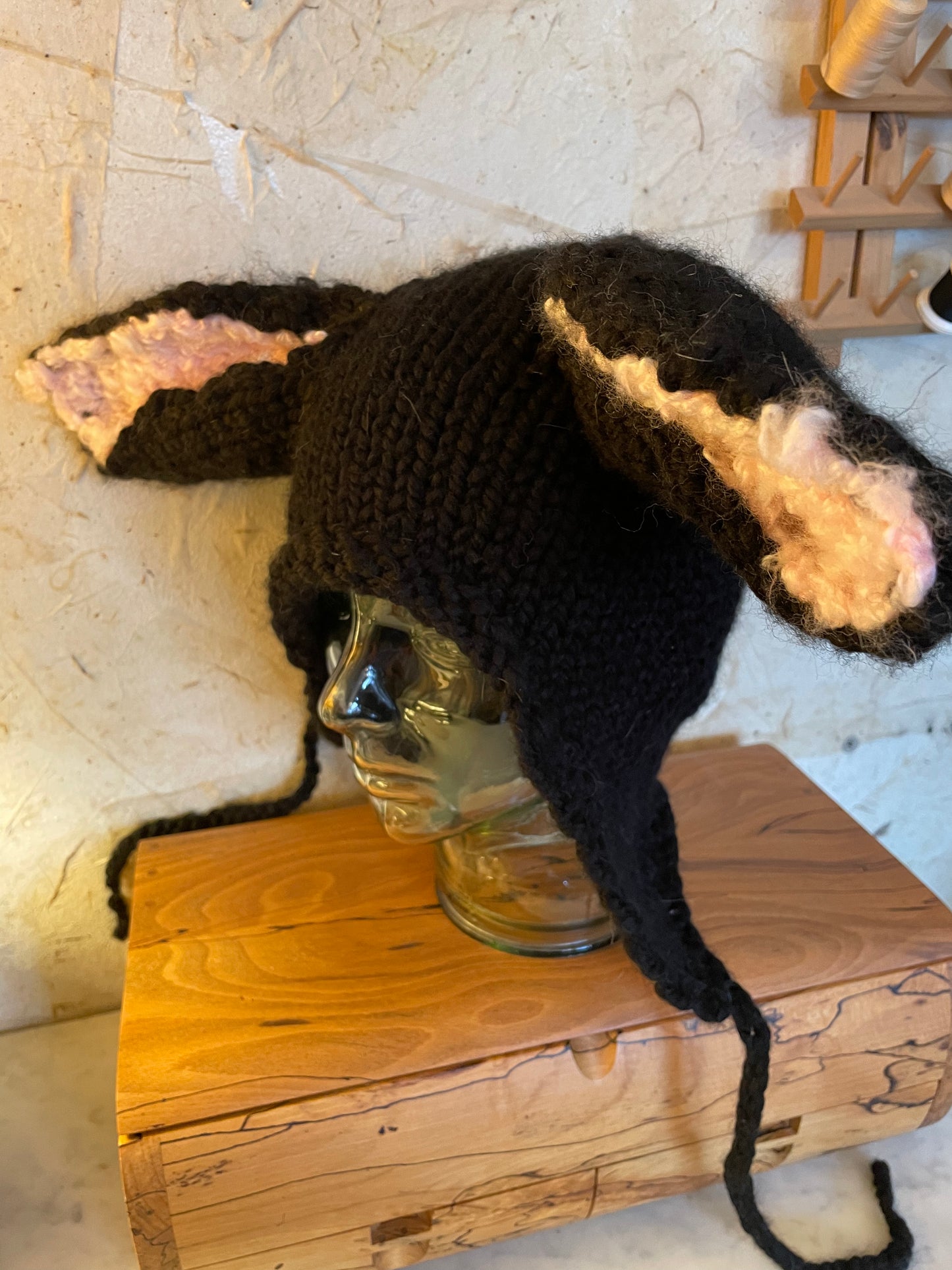 Black Bunny Ear Beanie - Knitted Ear Flap Hat with Adjustable Ties
