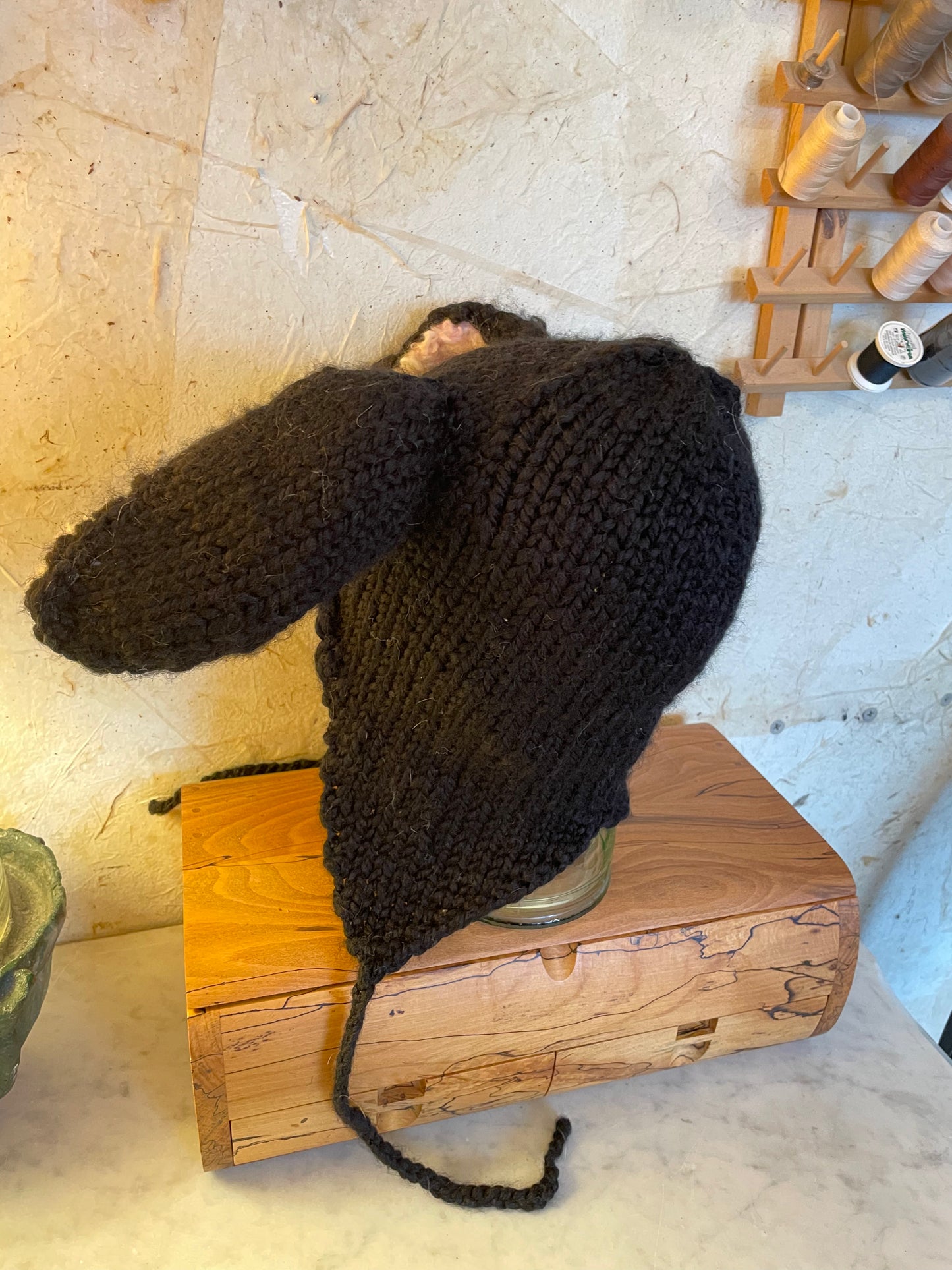 Black Bunny Ear Beanie - Knitted Ear Flap Hat with Adjustable Ties