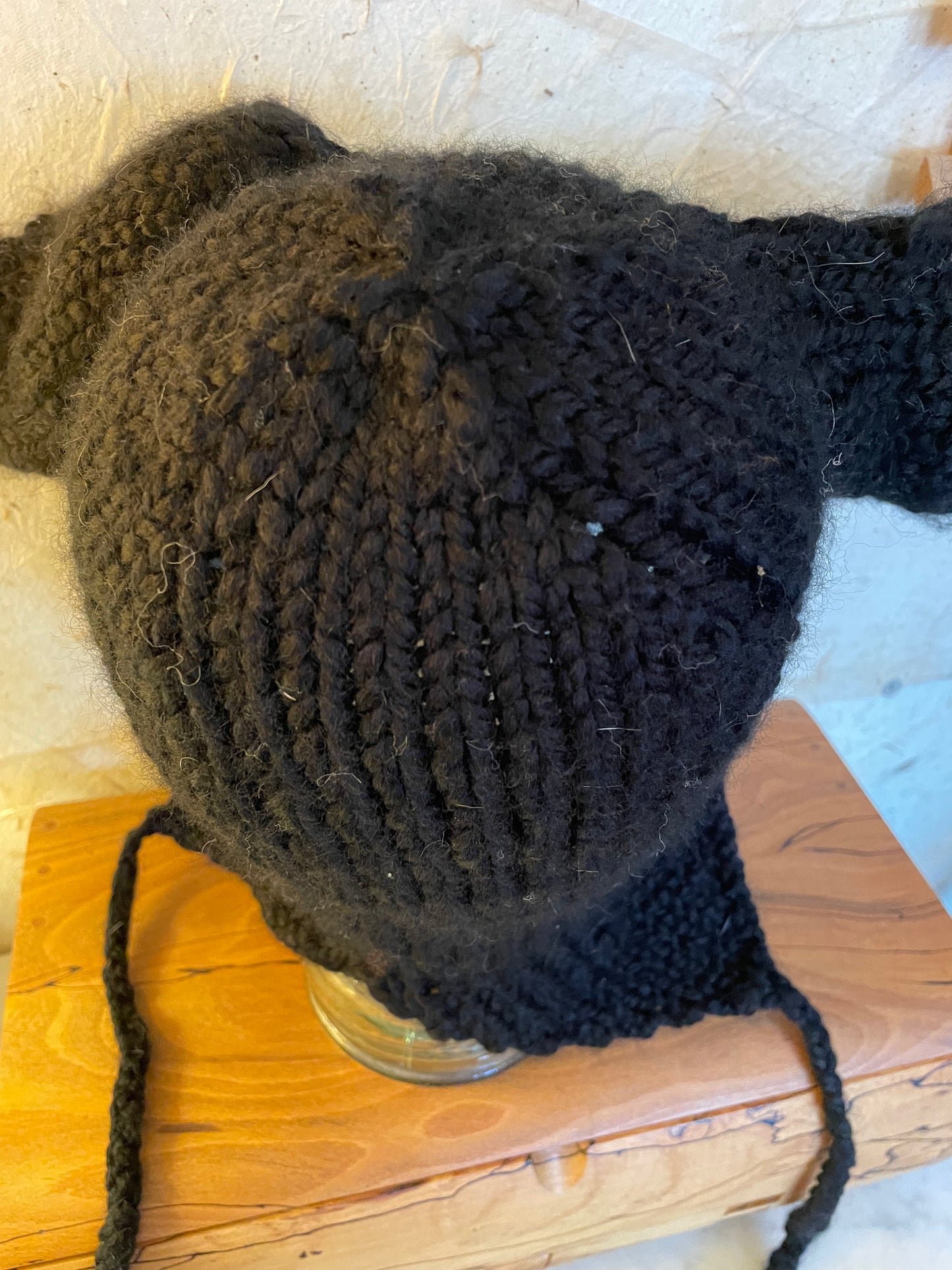 Black Bunny Ear Beanie - Knitted Ear Flap Hat with Adjustable Ties