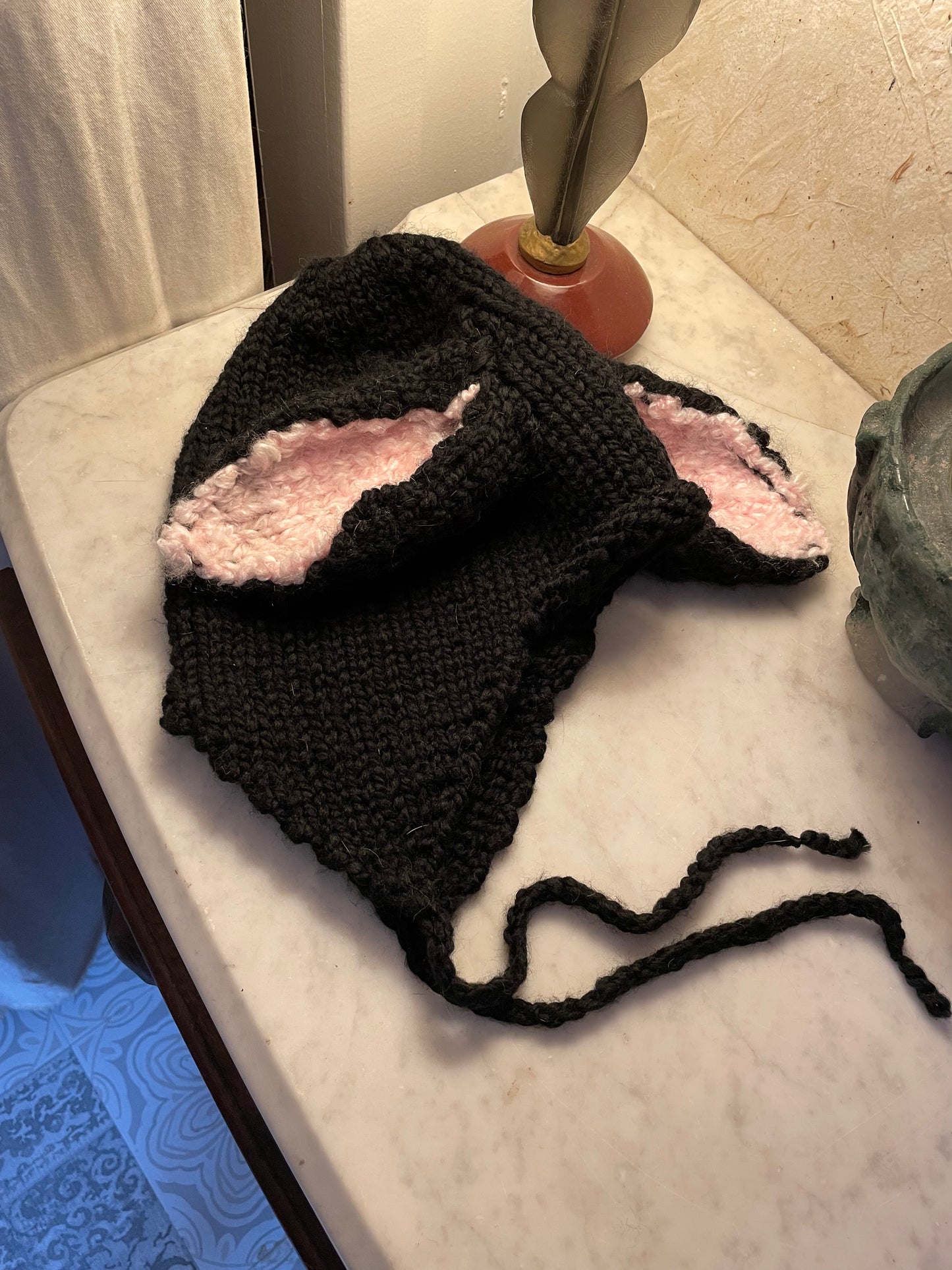 Black Bunny Ear Beanie - Knitted Ear Flap Hat with Adjustable Ties