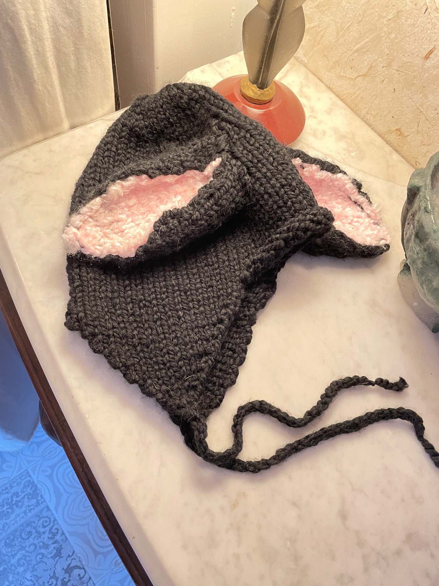 Black Bunny Ear Beanie - Knitted Ear Flap Hat with Adjustable Ties