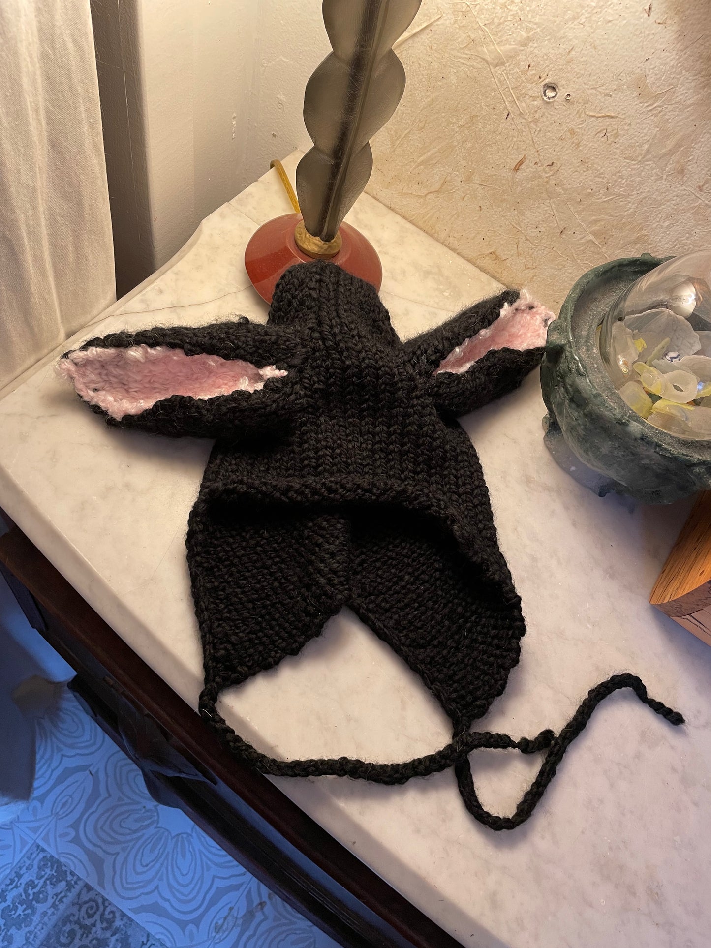 Black Bunny Ear Beanie - Knitted Ear Flap Hat with Adjustable Ties