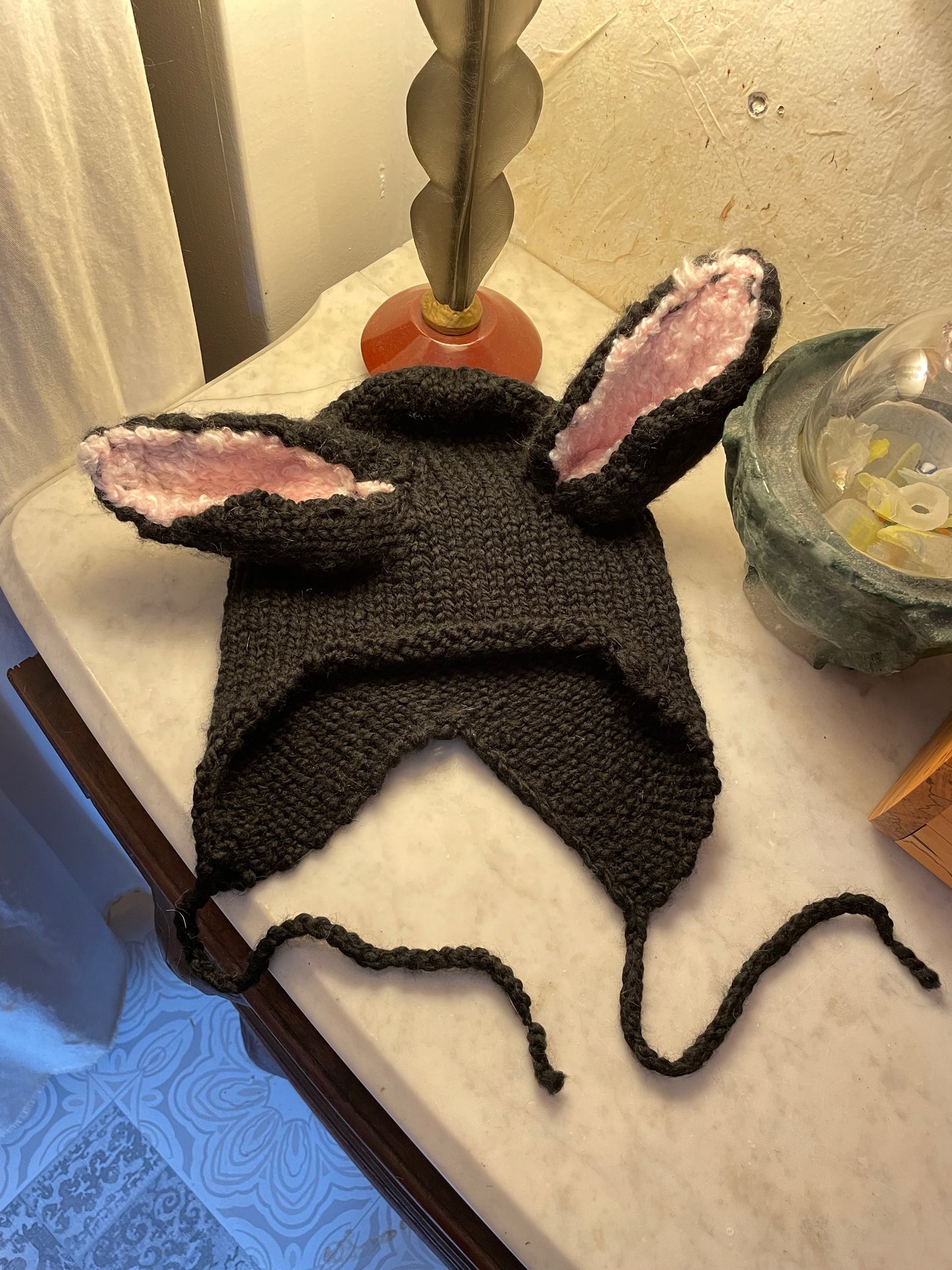 Black Bunny Ear Beanie - Knitted Ear Flap Hat with Adjustable Ties