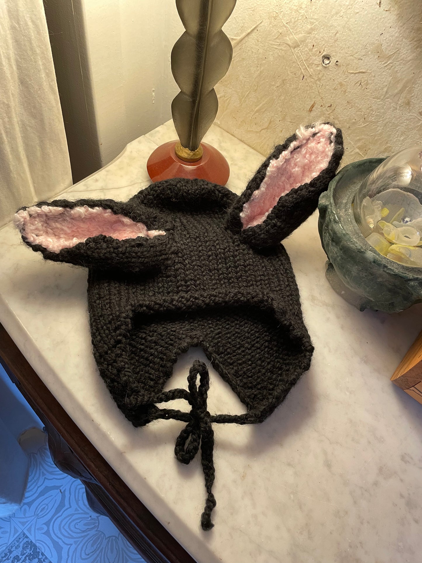 Black Bunny Ear Beanie - Knitted Ear Flap Hat with Adjustable Ties