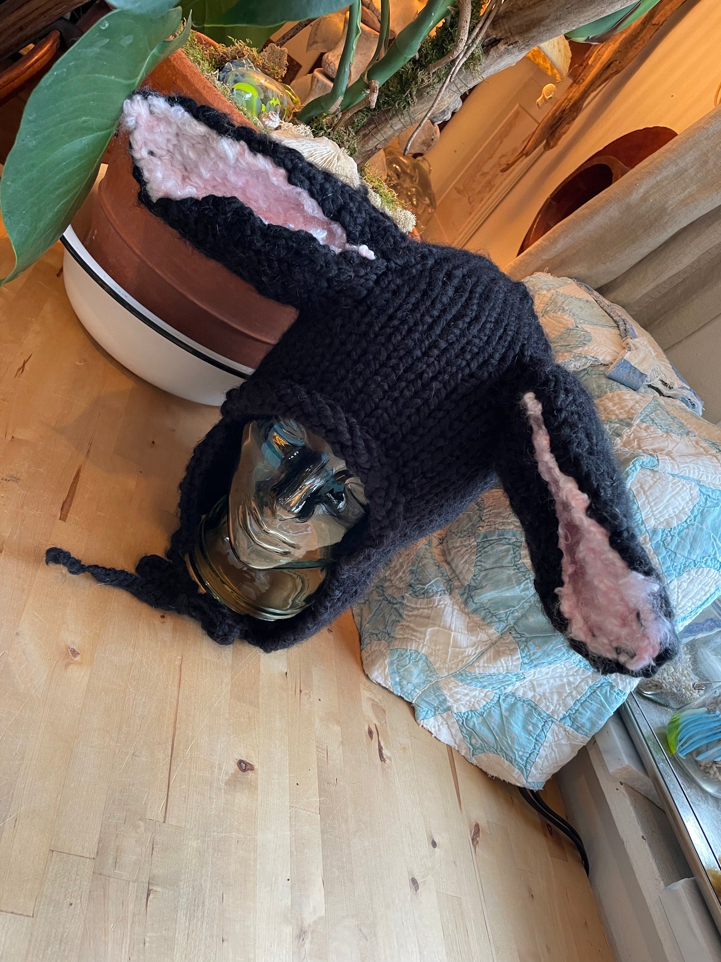 Black Bunny Ear Beanie - Knitted Ear Flap Hat with Adjustable Ties