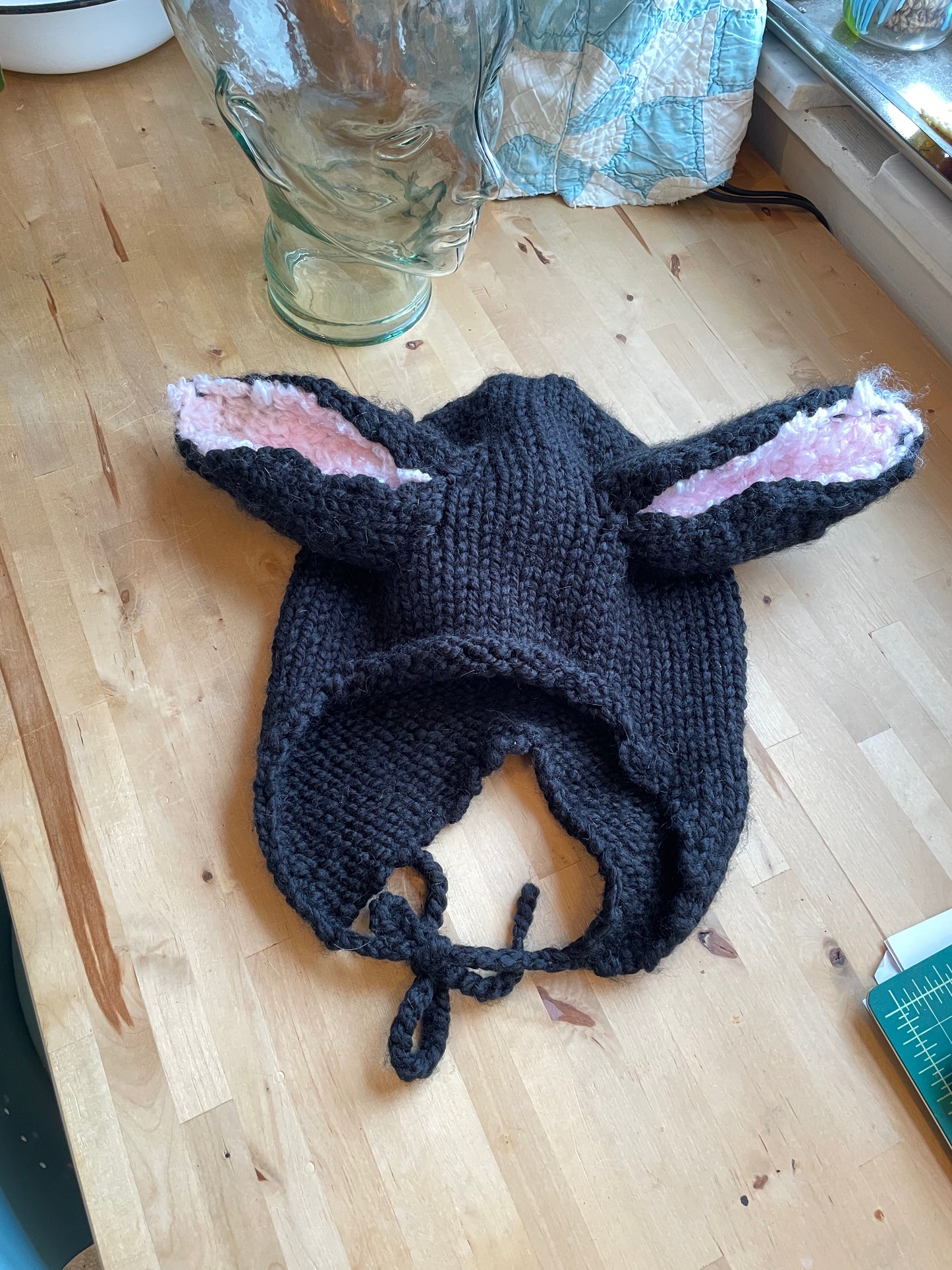 Black Bunny Ear Beanie - Knitted Ear Flap Hat with Adjustable Ties