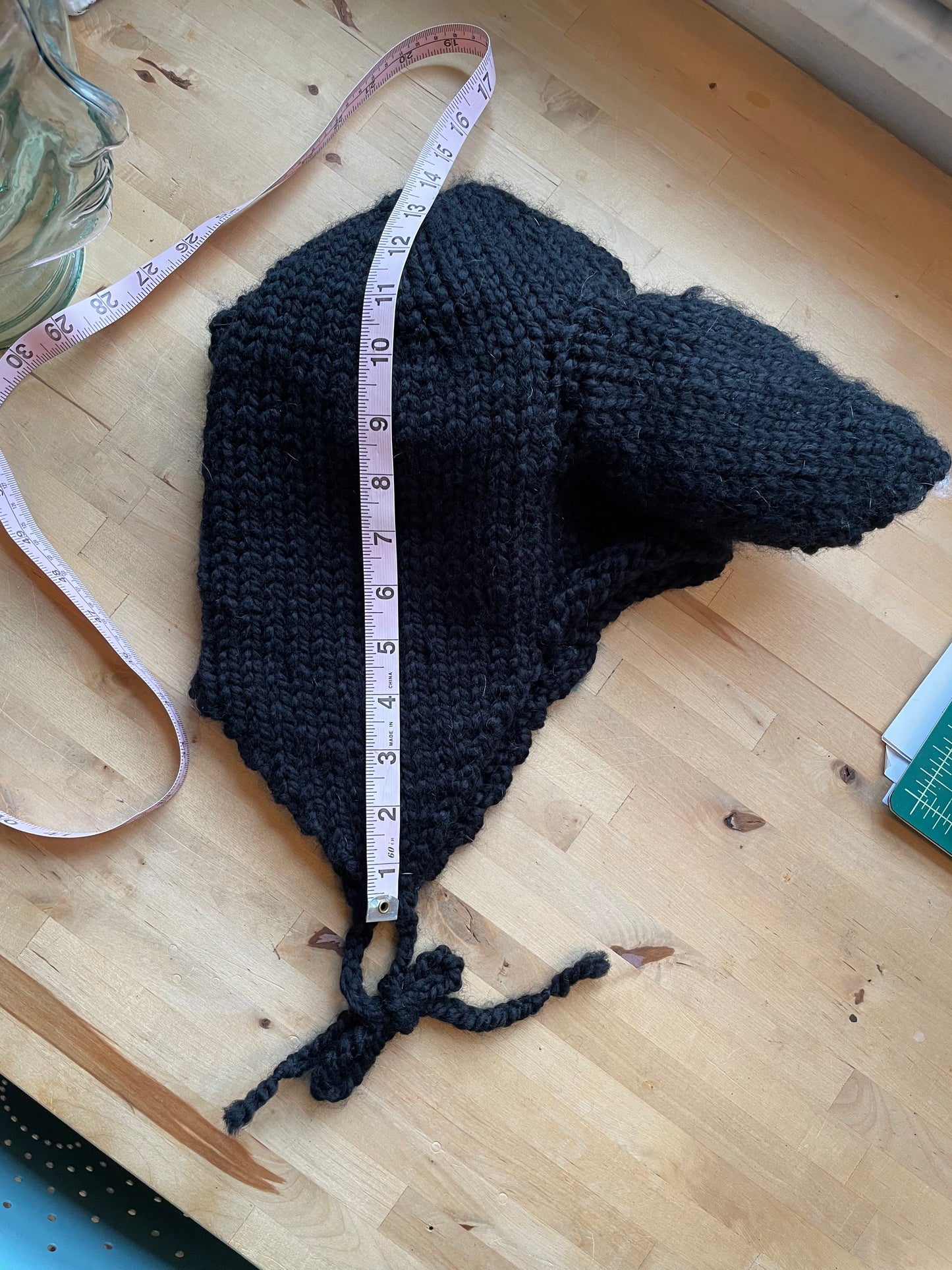 Black Bunny Ear Beanie - Knitted Ear Flap Hat with Adjustable Ties