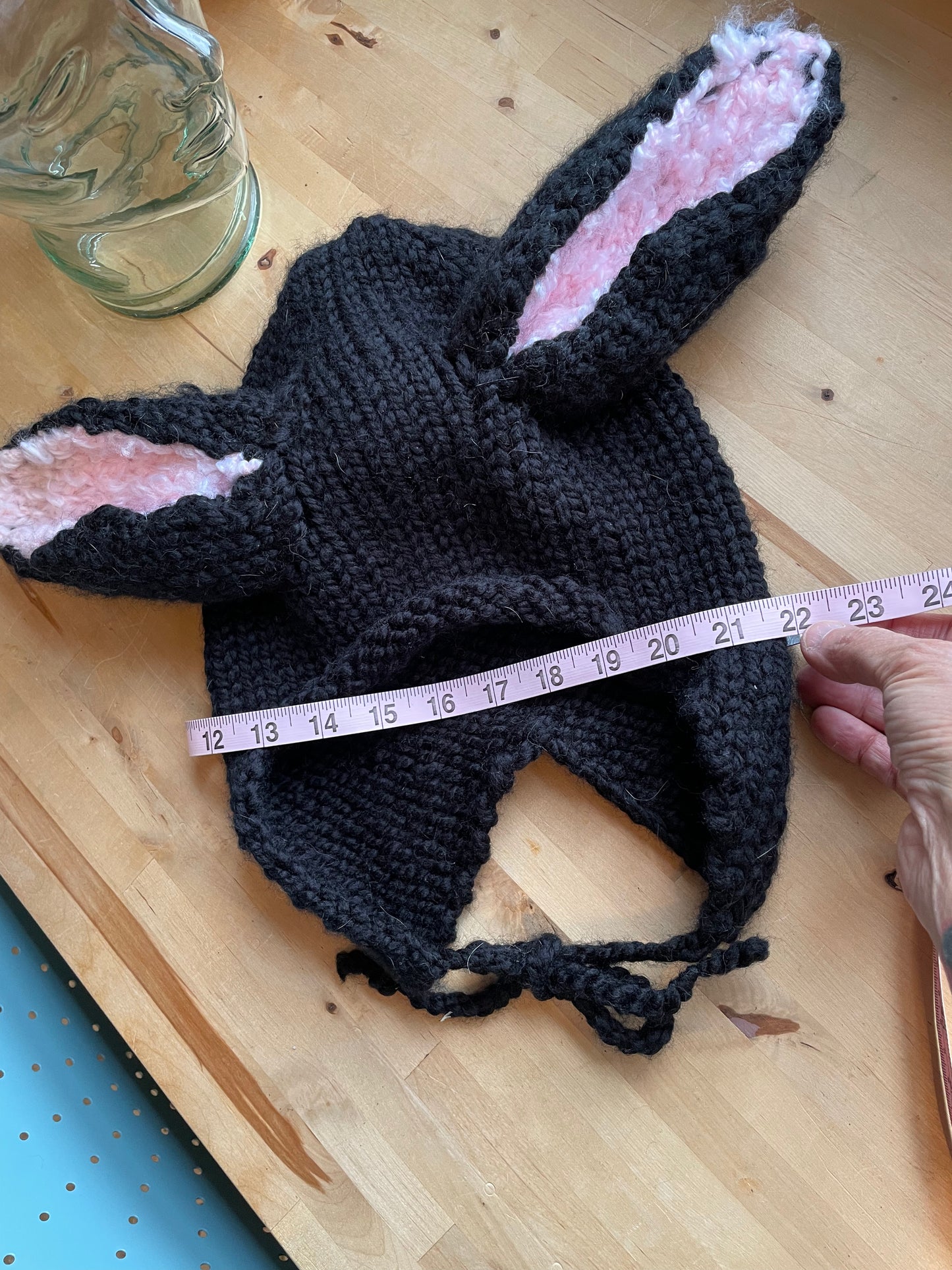 Black Bunny Ear Beanie - Knitted Ear Flap Hat with Adjustable Ties