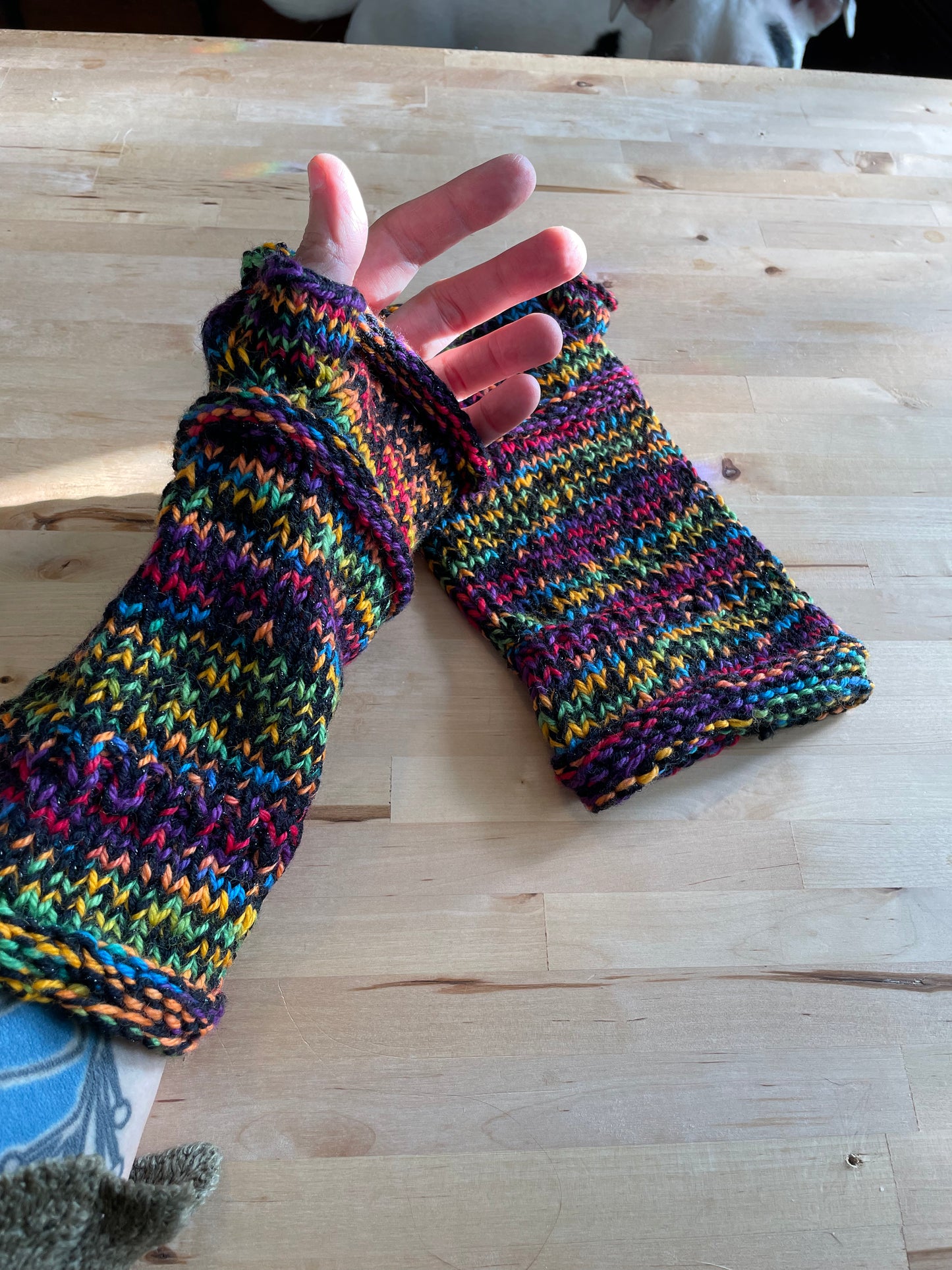 Black and rainbow fingerless gloves sz large  soft warm wool