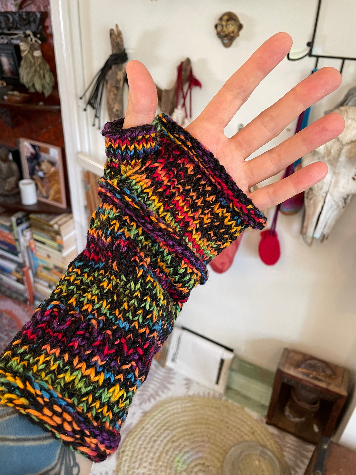 Black and rainbow fingerless gloves sz large  soft warm wool