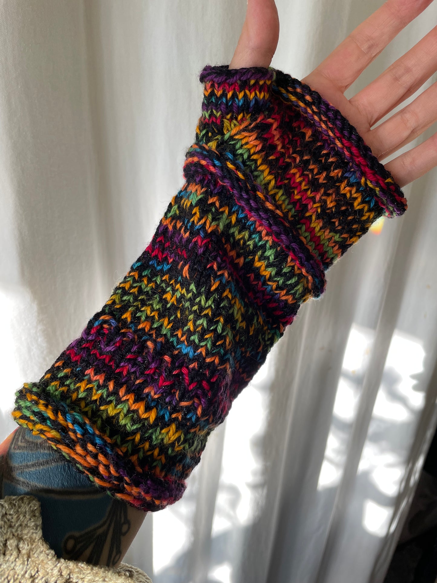 Black and rainbow fingerless gloves sz large  soft warm wool