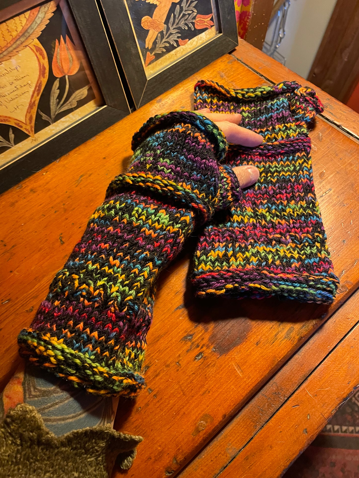 Black and rainbow fingerless gloves sz large  soft warm wool