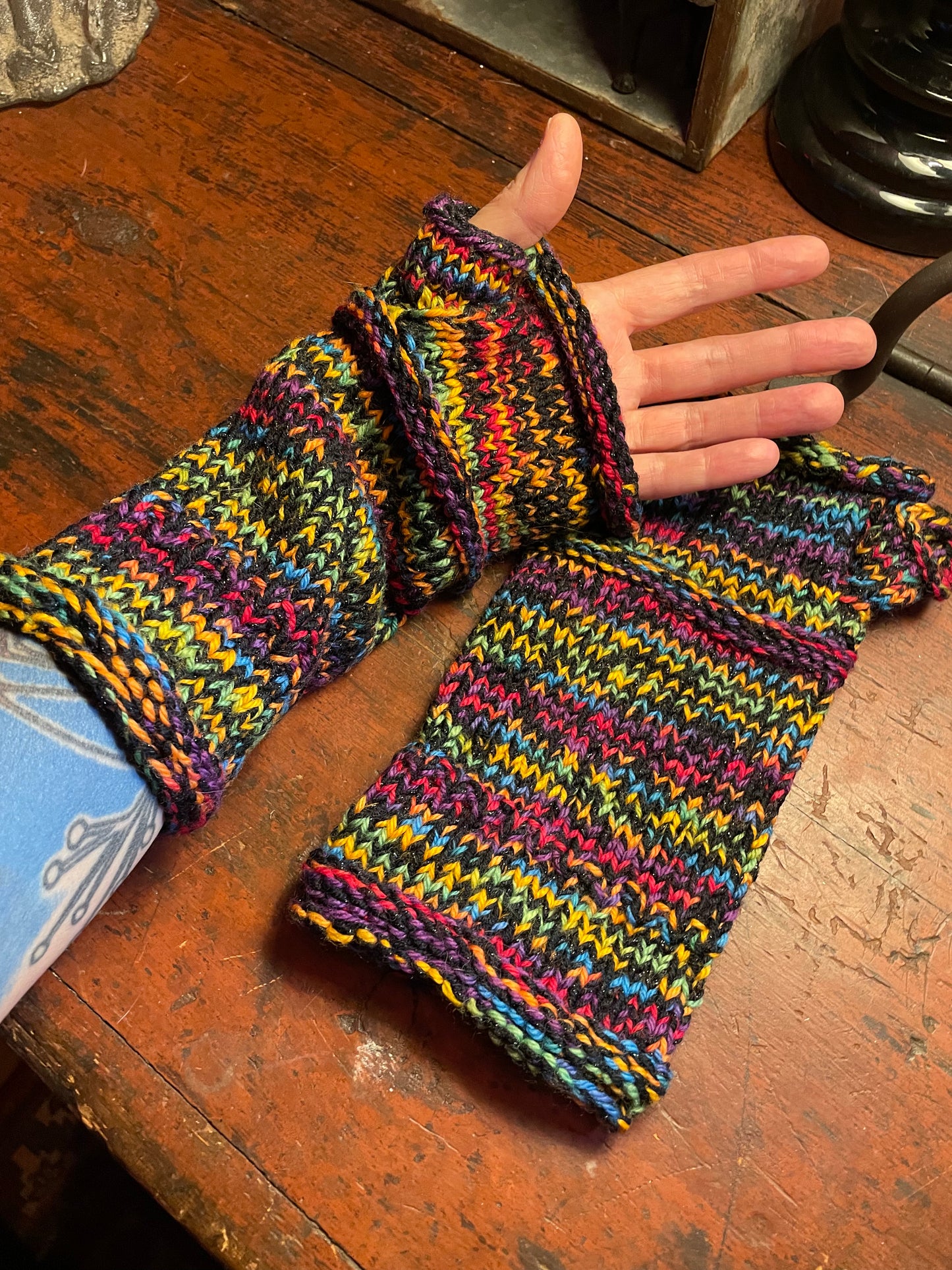 Black and rainbow fingerless gloves sz large  soft warm wool